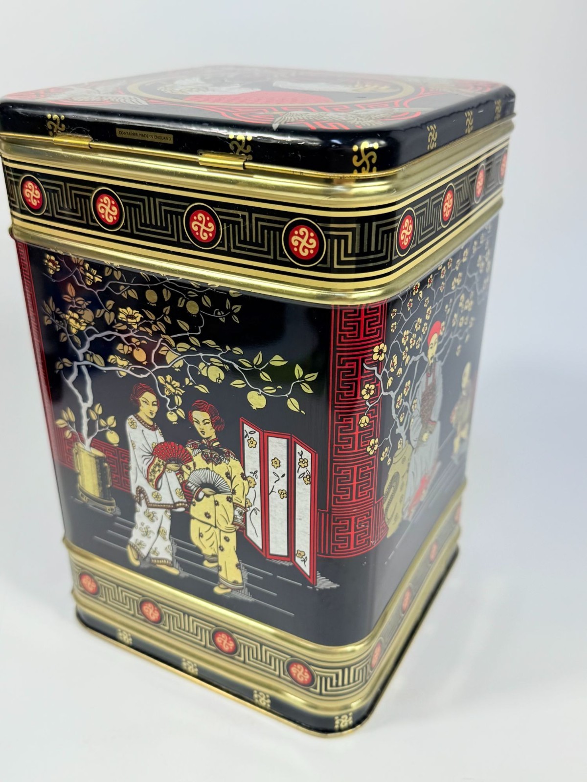 English Tea Tin Caddy Vintage 1970s Chinese Hinged Lid Black Red Gold Cranes Asi