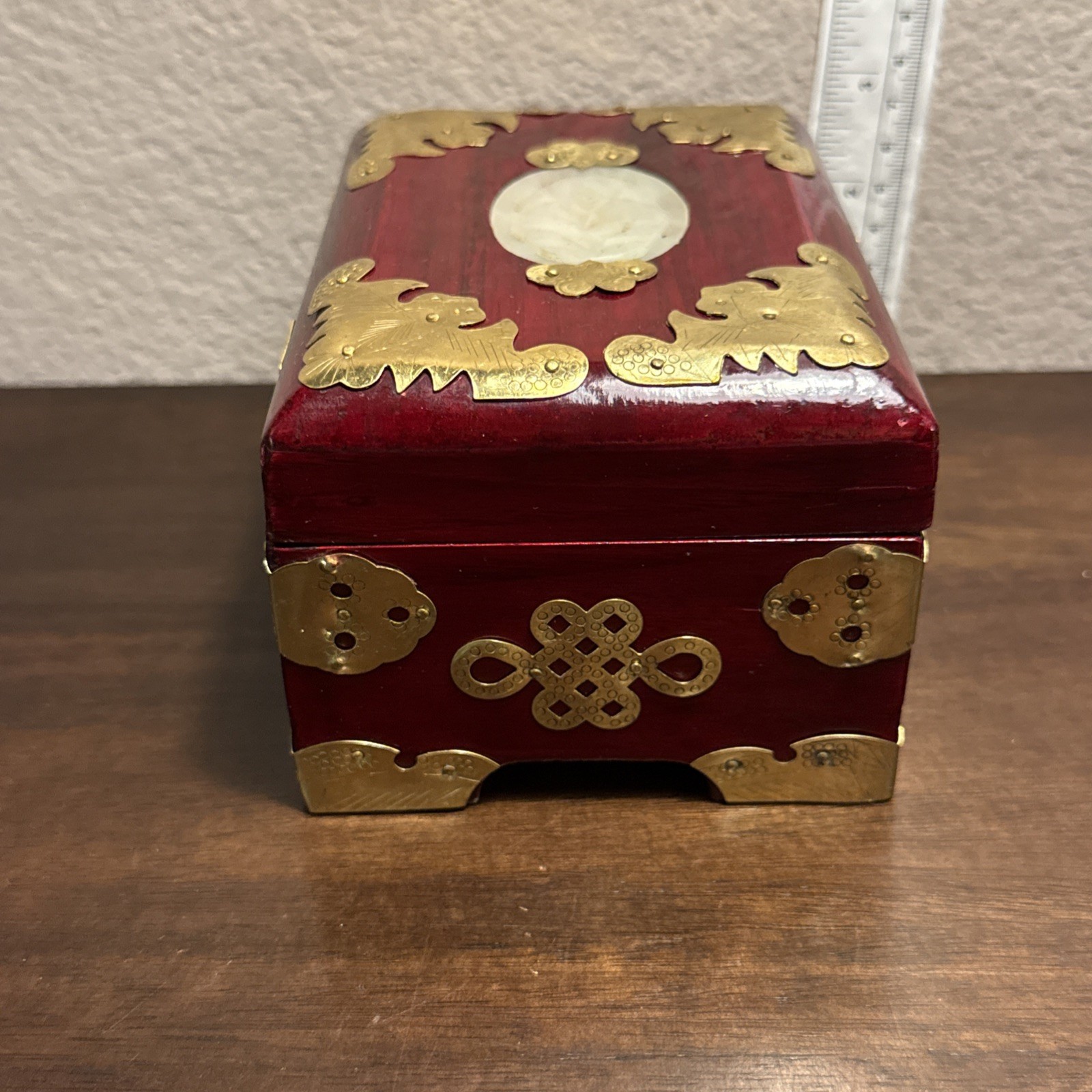 Antique Chinese White Jade & Brass Fittings Wood Jewelry Box Red Lining u-11D
