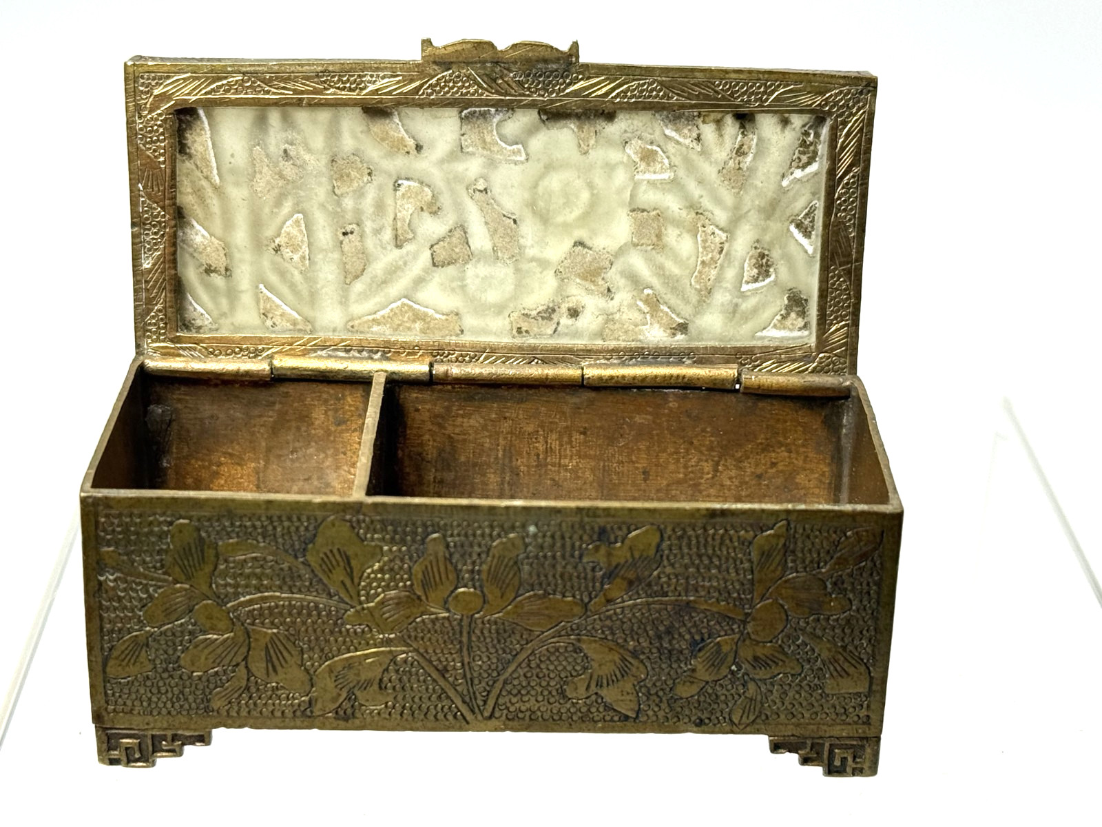 Vintage Chinese Etched Brass and Carved Jade Hinged Box