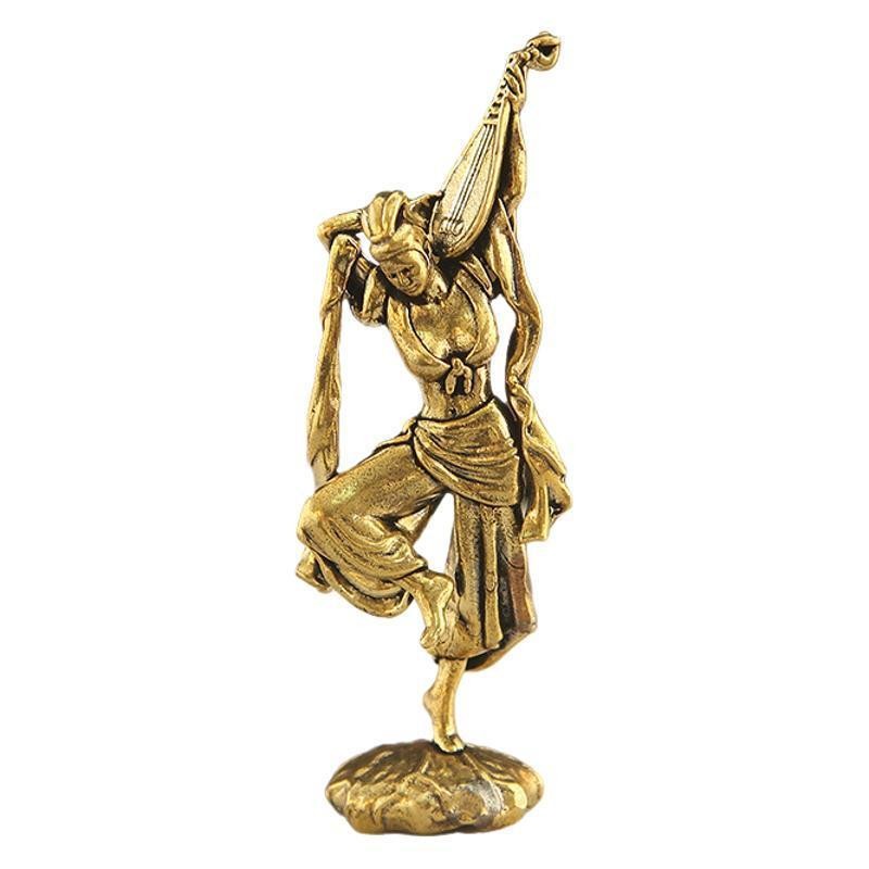 Brass Pipa Fairy Statue 9.7cm Flying Goddess Ornament Retro Copper Craft Gift