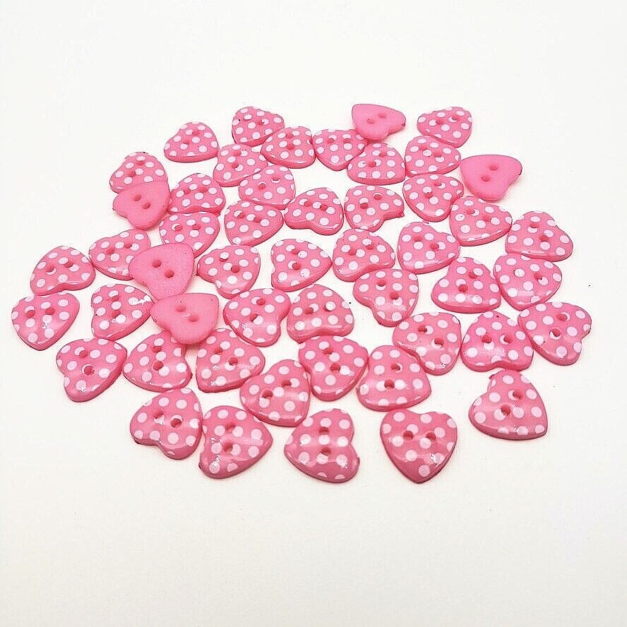 Pkg of 10 PINK HEART w/ DOTS 2-hole Resin Buttons 5/8″ (15mm) Craft (1006)