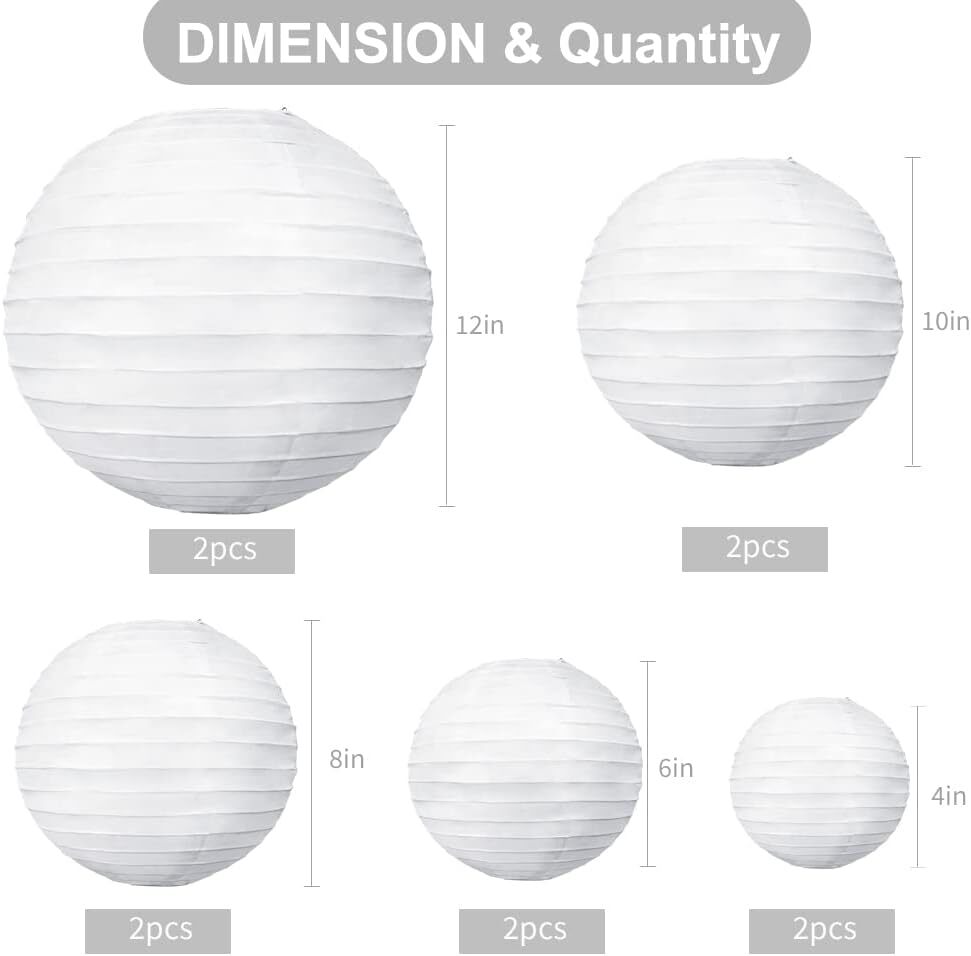BEISHIDA 10Pcs White Paper Lanterns Decorative 4、6、8、10、12 Inch, Whtie