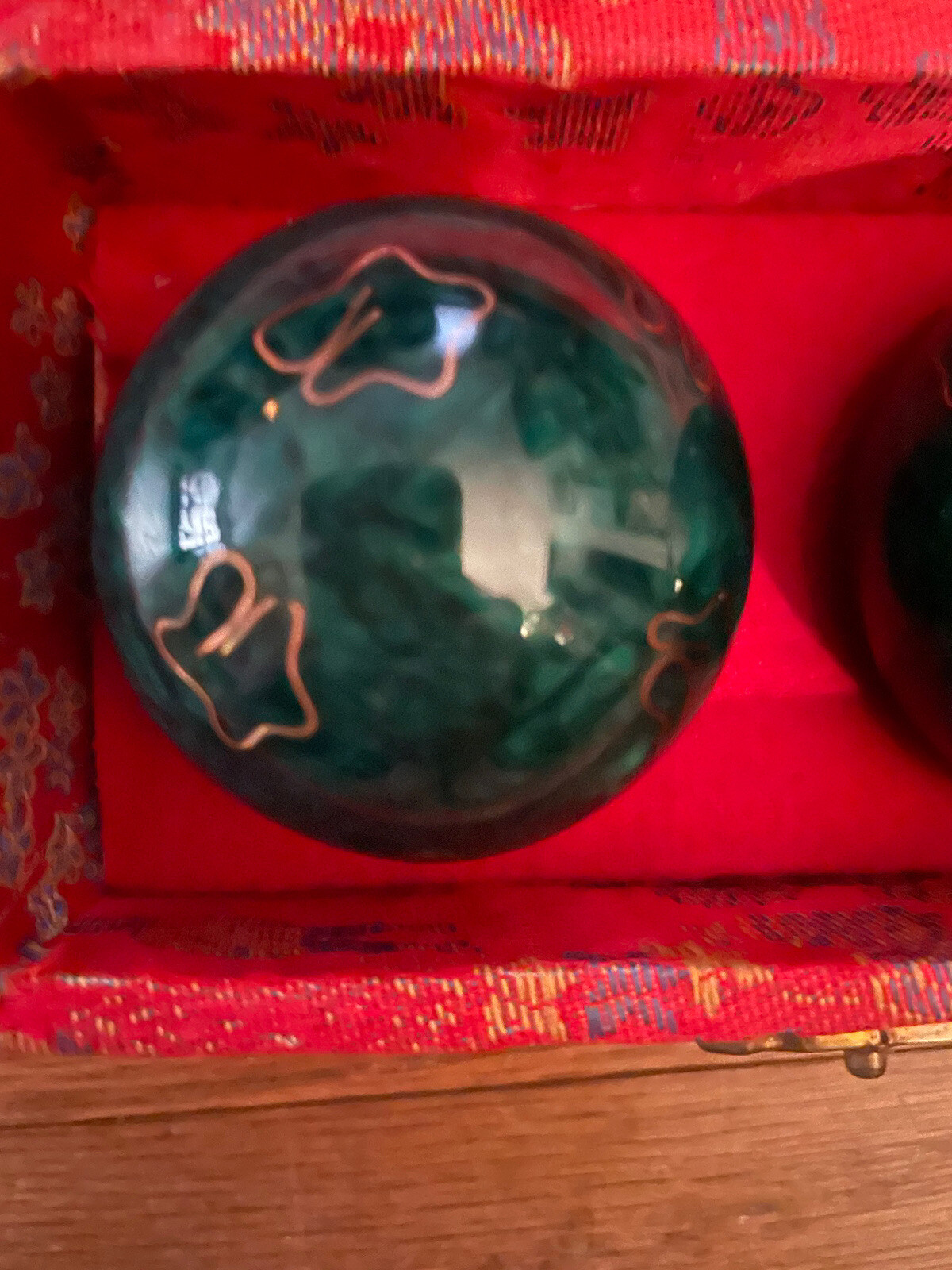 Vintage Chinese Cloisonné Health Iron Ball Set Of 2 Green In Original Box EUC