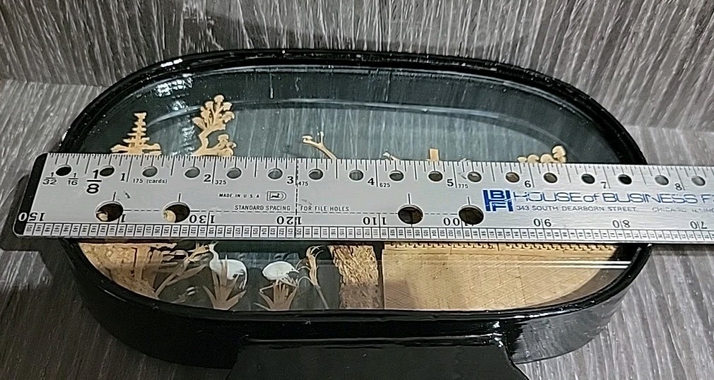 Vintage Chinese Diorama Cork Carving Glass Case Pagoda/Trees/Cranes 8″x6.5″x2″
