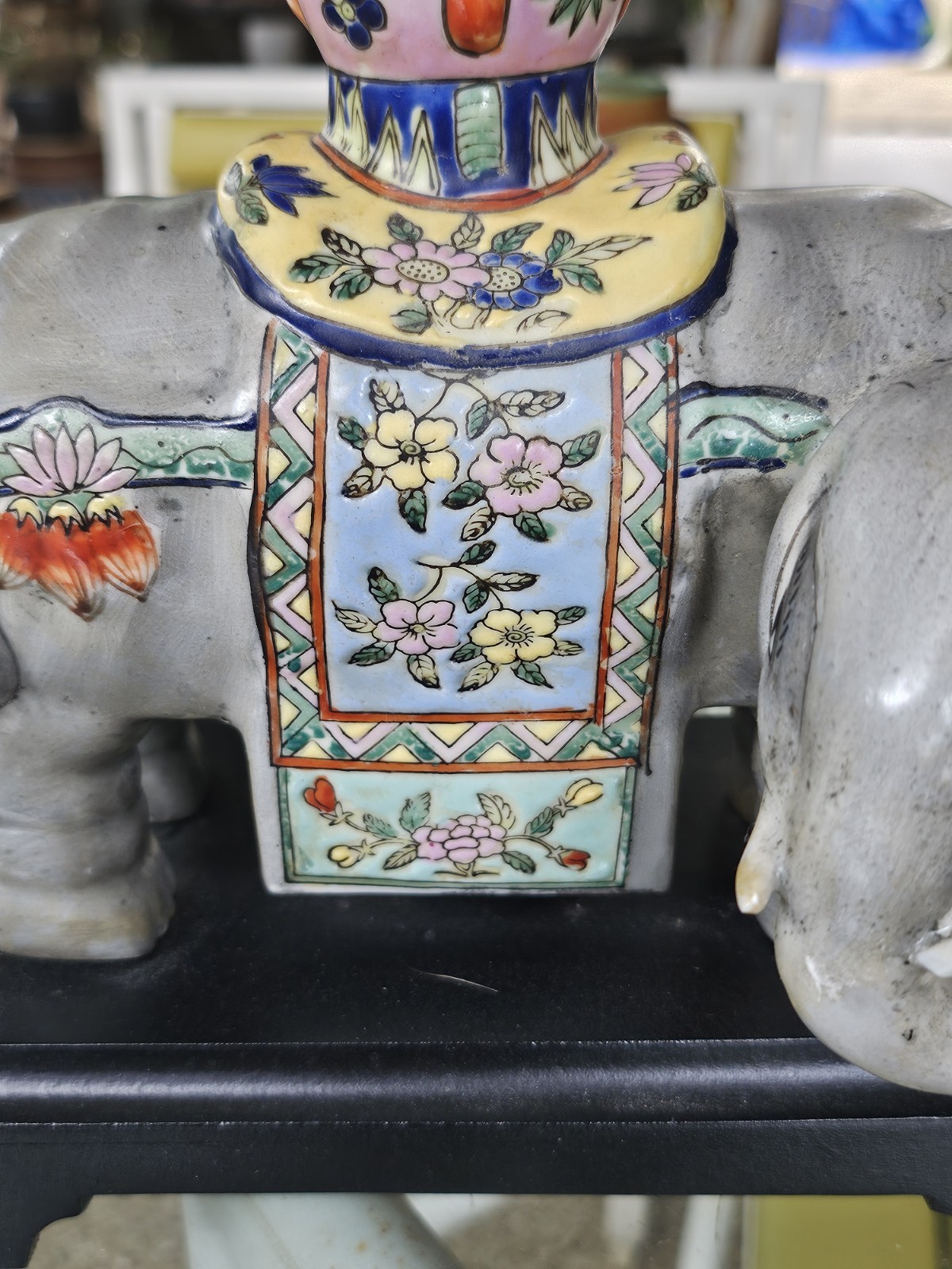 Vintage CHINESE ENAMELED PORCELAIN ELEPHANT WITH A ZUN VASE Turned Lamp