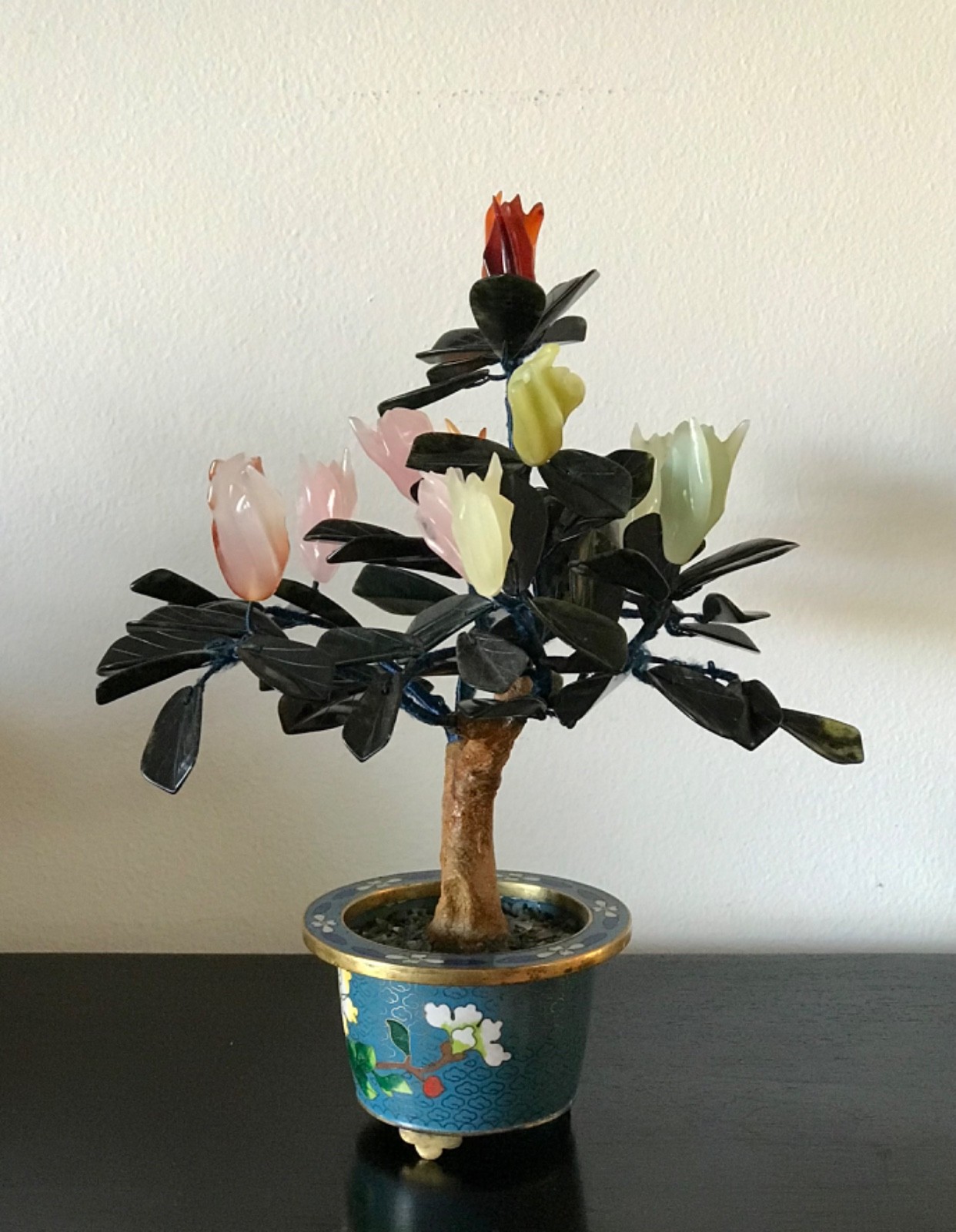Chinese Vintage Jade Buddha’s hand Tree in Cloisonne Pot 10.5″ Inches Tall