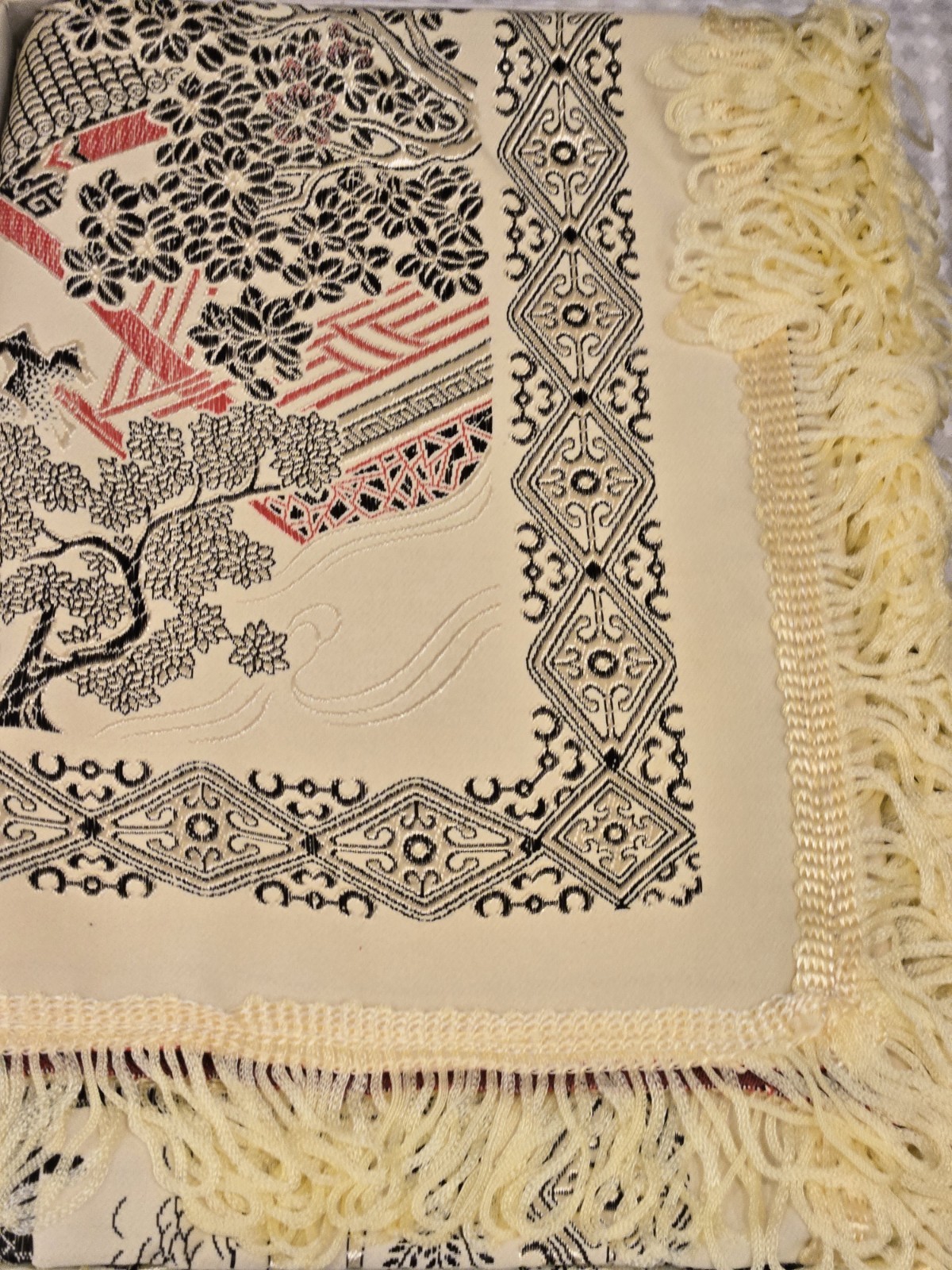 VTG NOS Brocaded Chinese Silk Tapestry Tablecloth 38″ x 38″ Late 70’s-Early 80’s