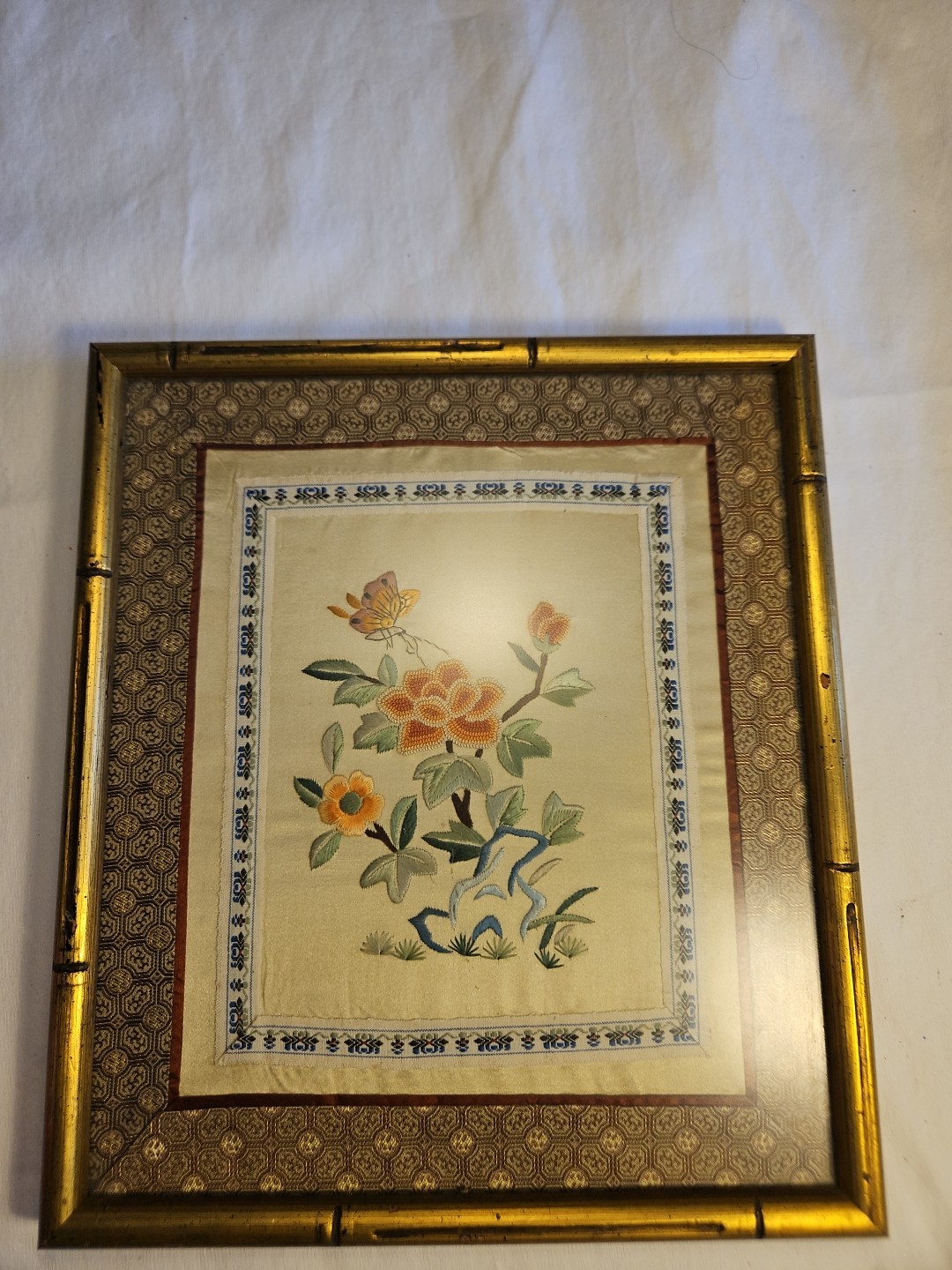 Hand Embroidered Silk Panel Flower and Pink Peach Butterfly ~ Framed Bamboo Like