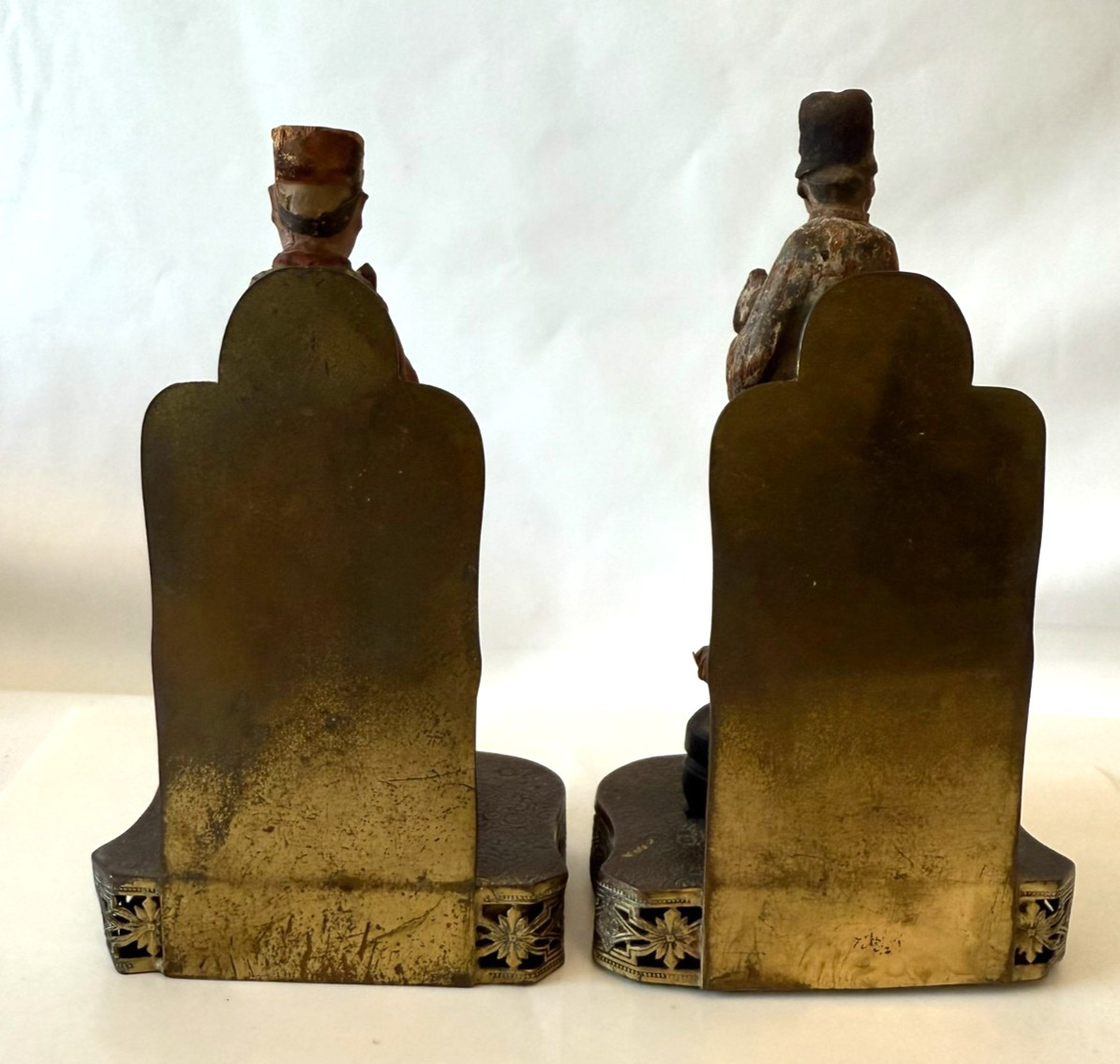 Antique Chinese Pair Sculptures Hand Carved Bookend On Brass Base