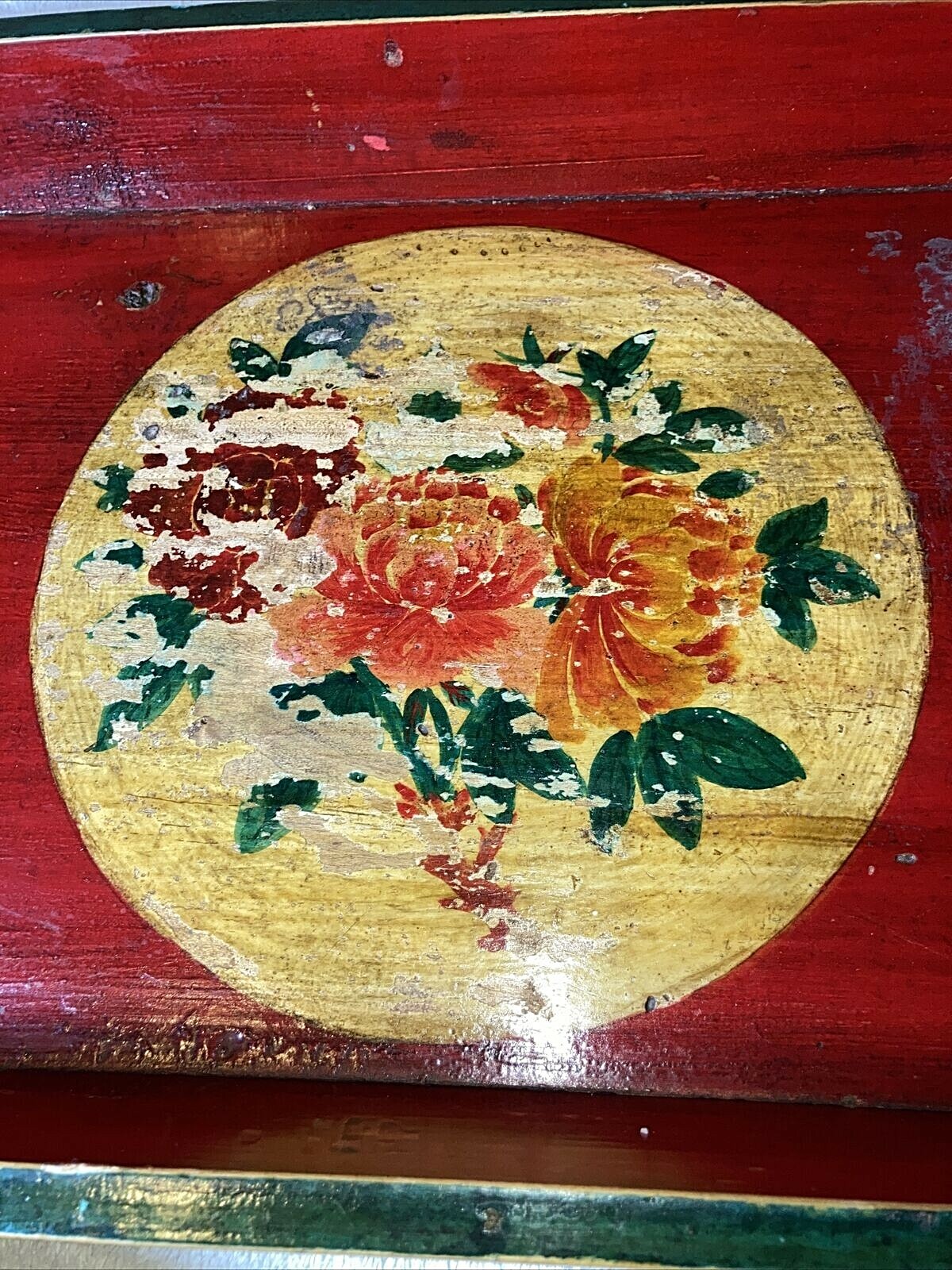 Asian / Chinese antique red green lacquer peony wood serving tray 26”