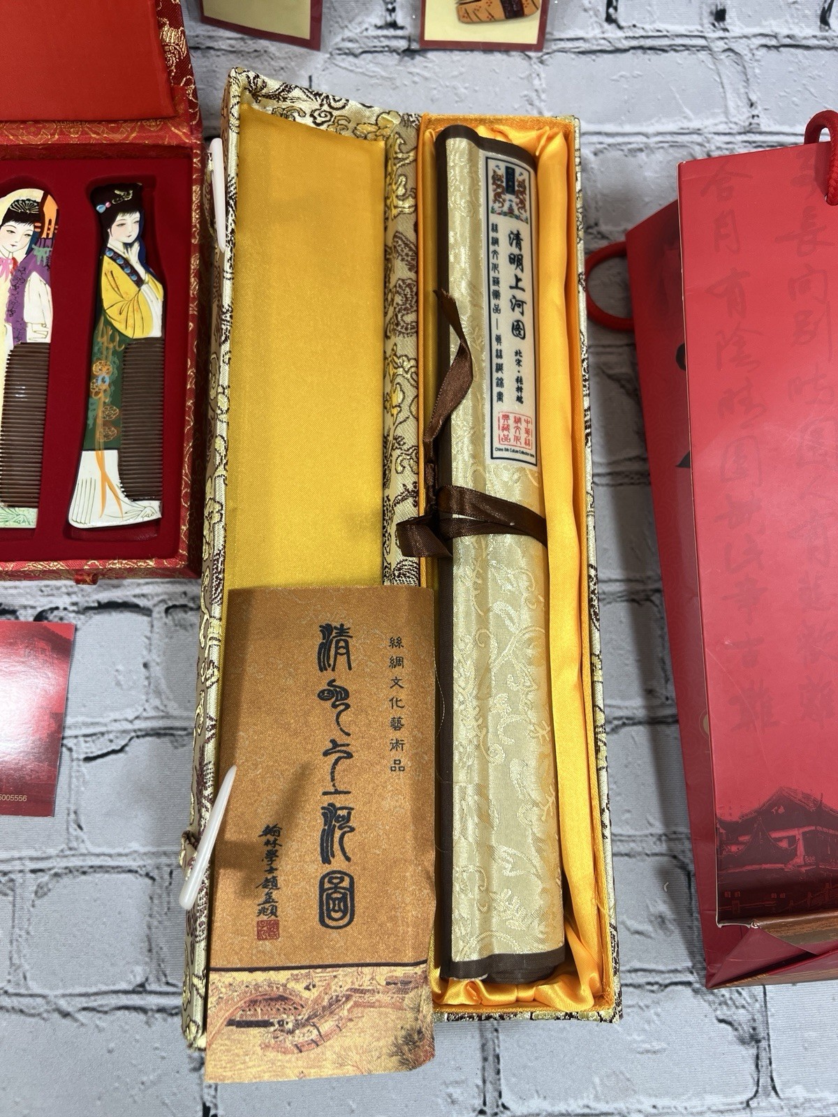 Chinese Cultural Gift Set Lot Scroll Art Traditional Combs Keychains Boxed