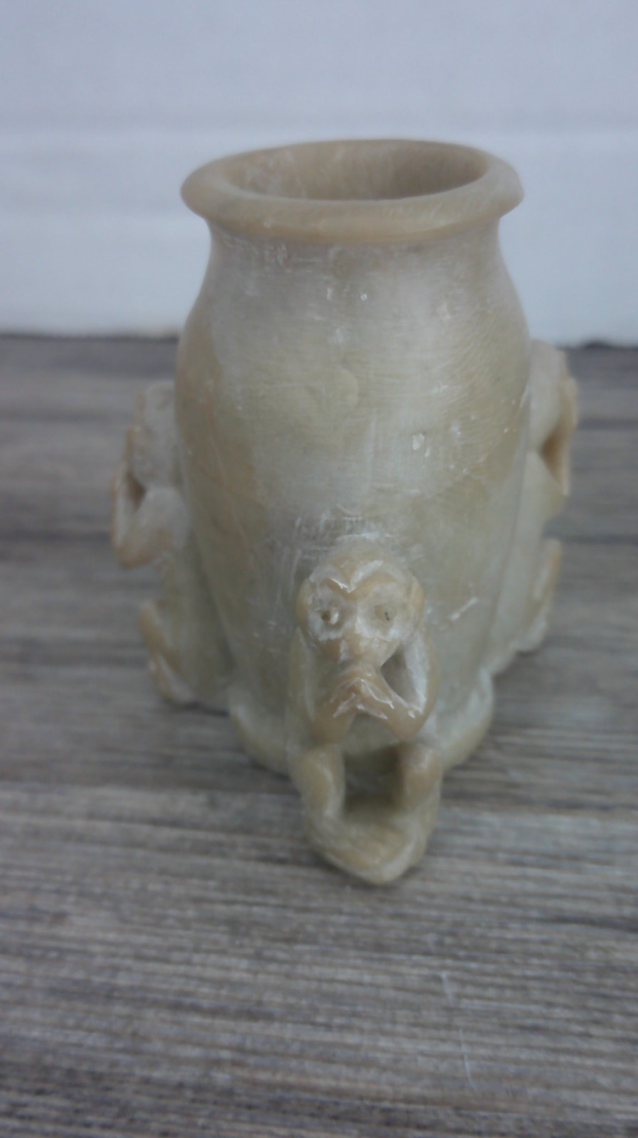 vintage Chinese soap stone toothpick holder hand carved hear see peak no evil
