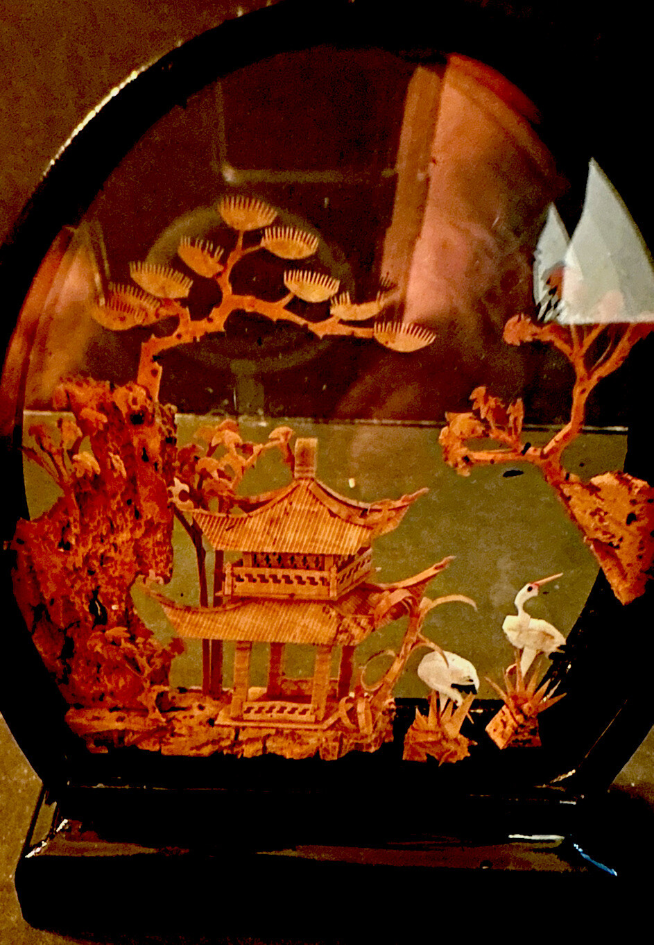 Vintage Chinese Cork Sculpture Picture Garden Wooden Base Encased Dome Glass
