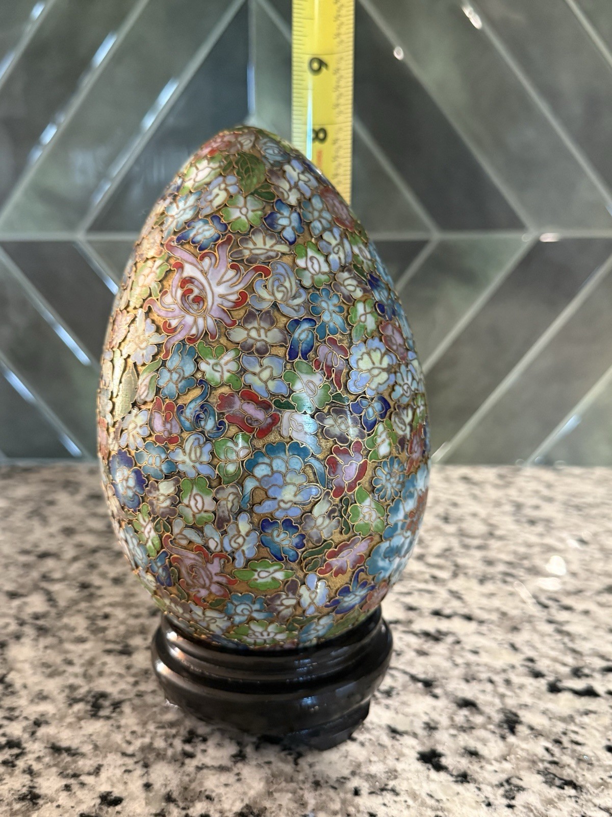 Vintage Chinese Cloisonné Large Gilded Egg w/ Wood Stand Floral, Millefleurs