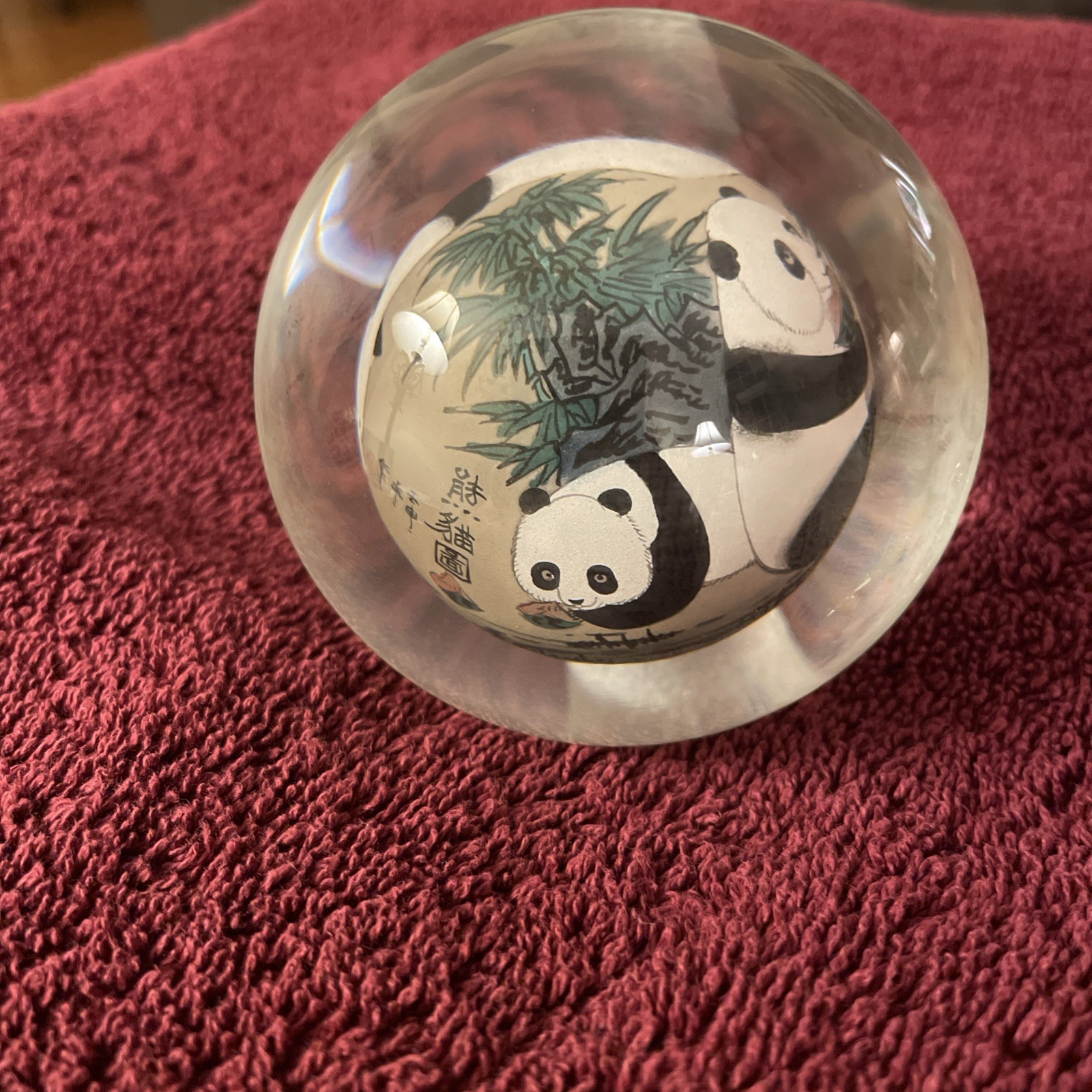 Chinese Glass Ball Hand Painted Pandas Sphere Paperweight