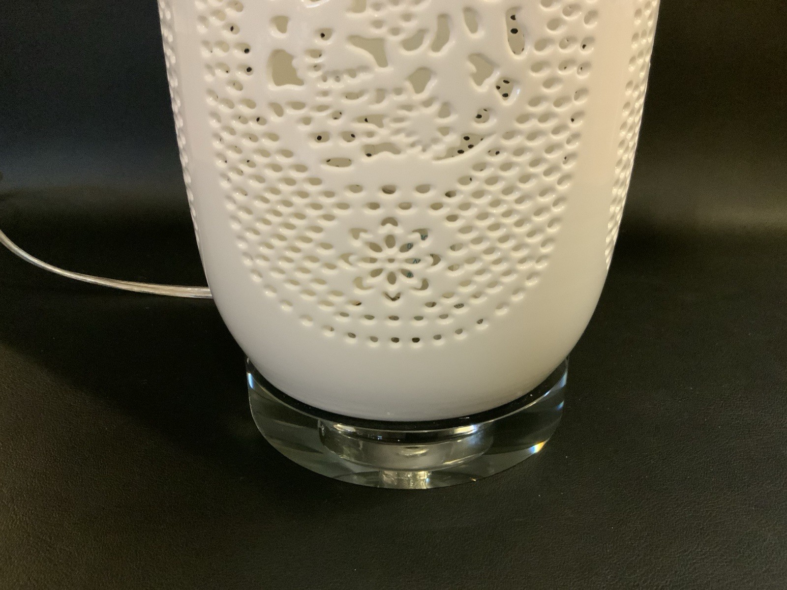 Lamp Pierced White Bone China W/Lucite Base Modern