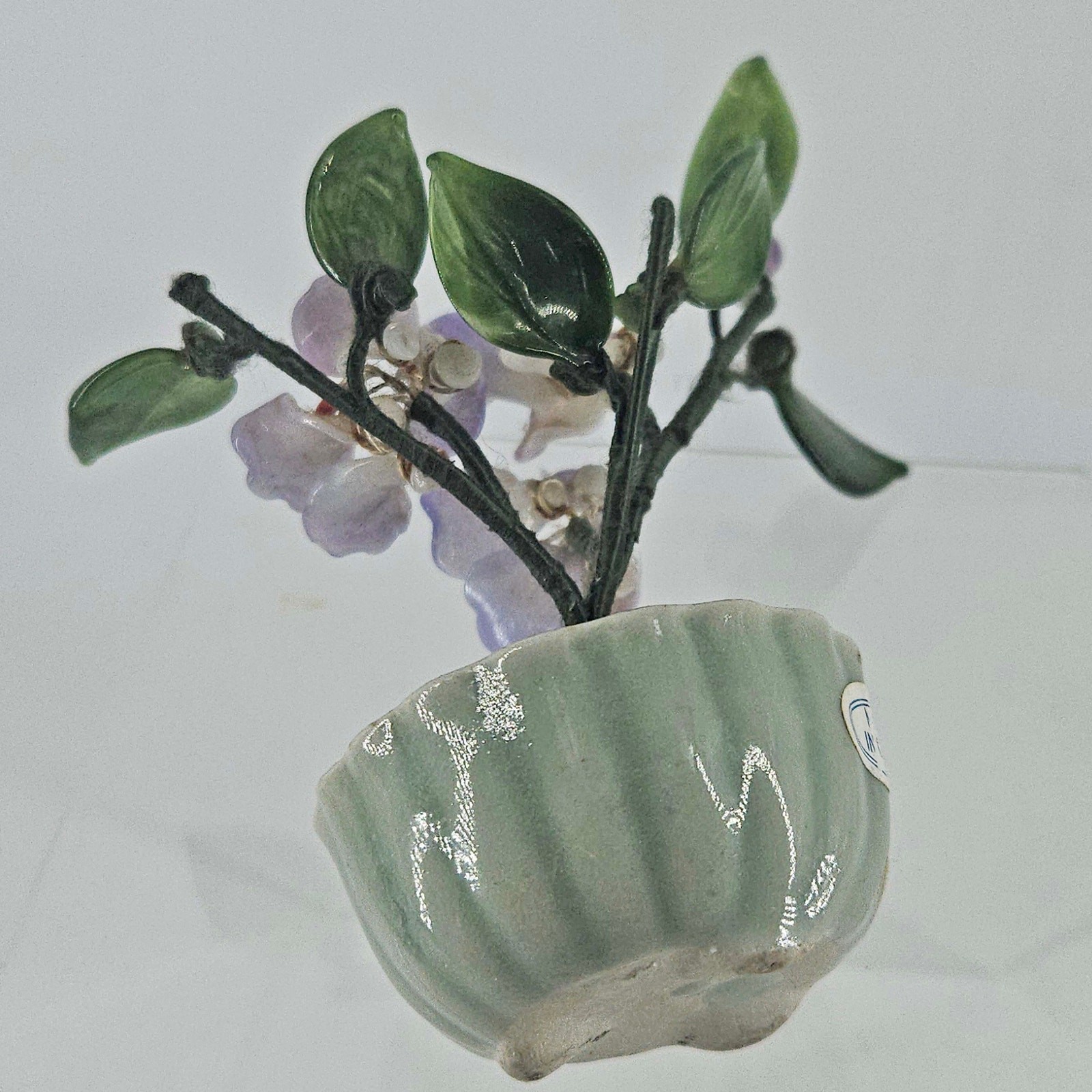 Vintage Jade Glass Bonsai Tree purple Flower Quartz Celadon Pot small 5″