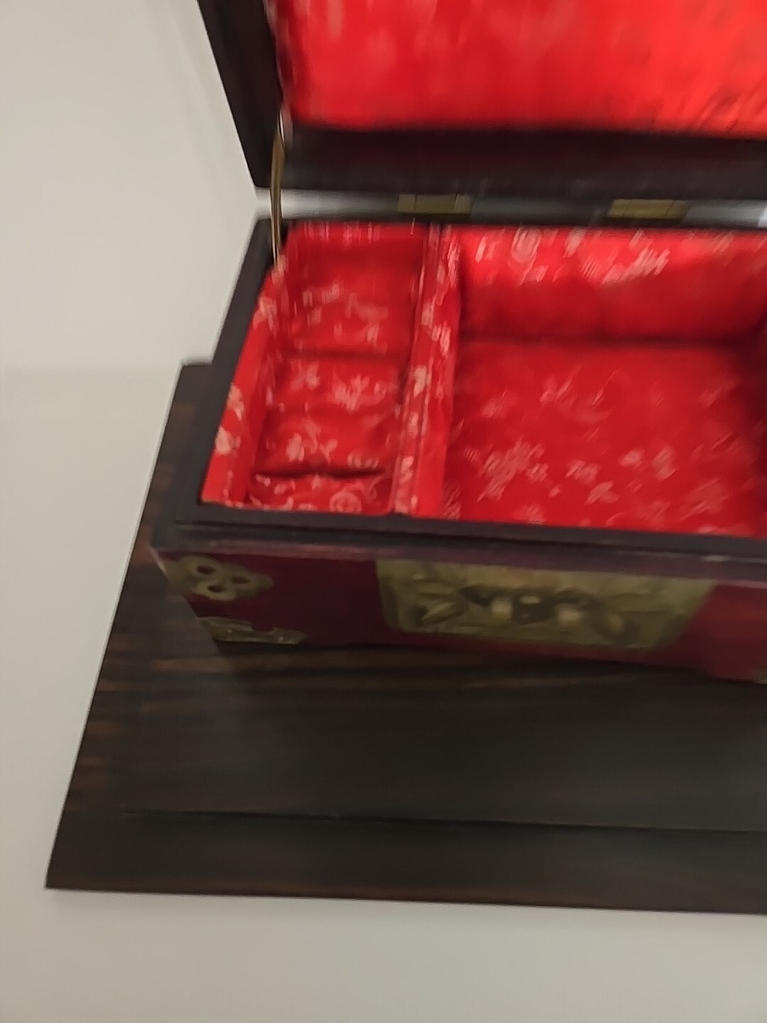 Jewelry Box Wooden Brass Accents Shangai Jade Detail VTG