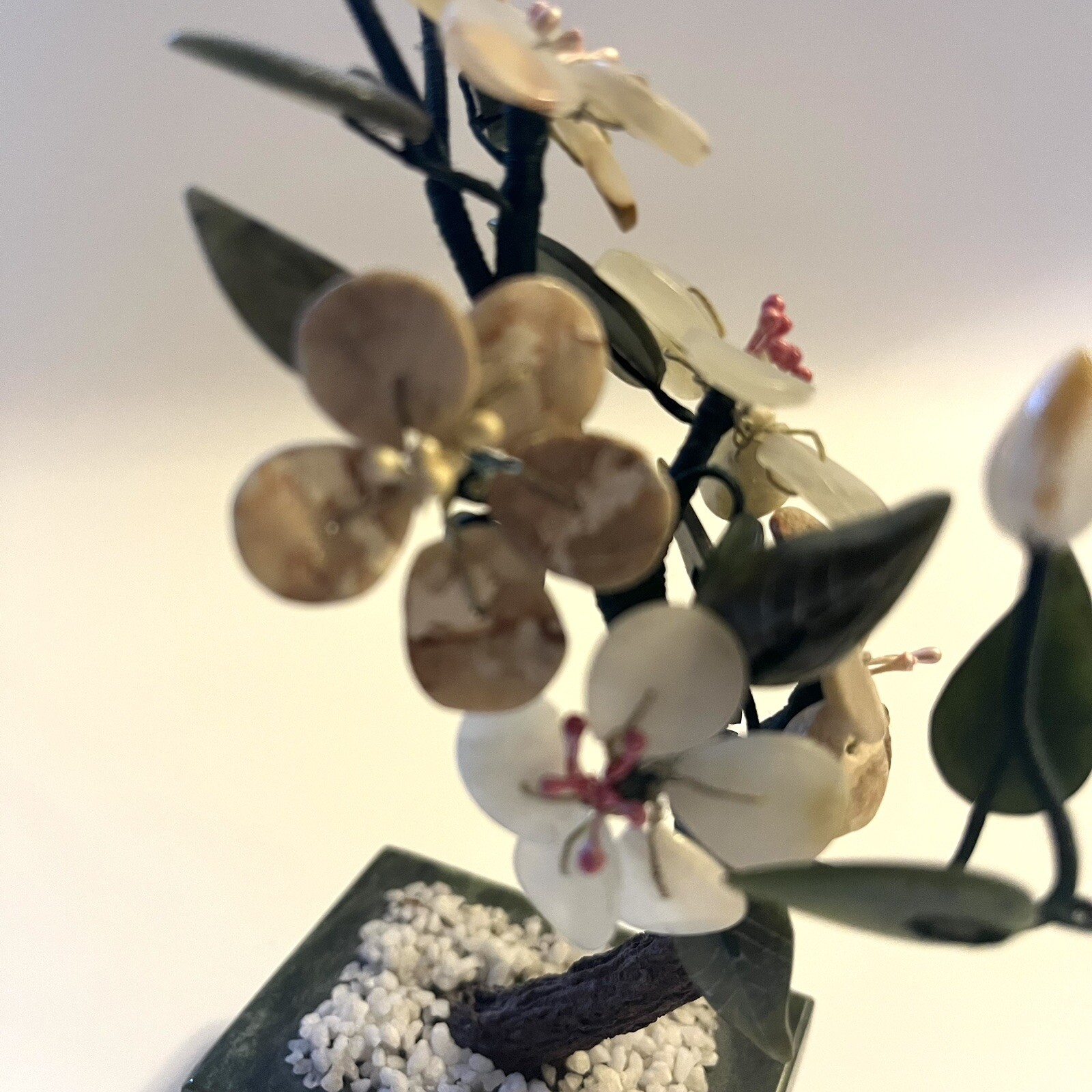 Vtg Asian Flowering Blossom Tree Hand Carved Jade Agate Semi-Precious Stone 8″H