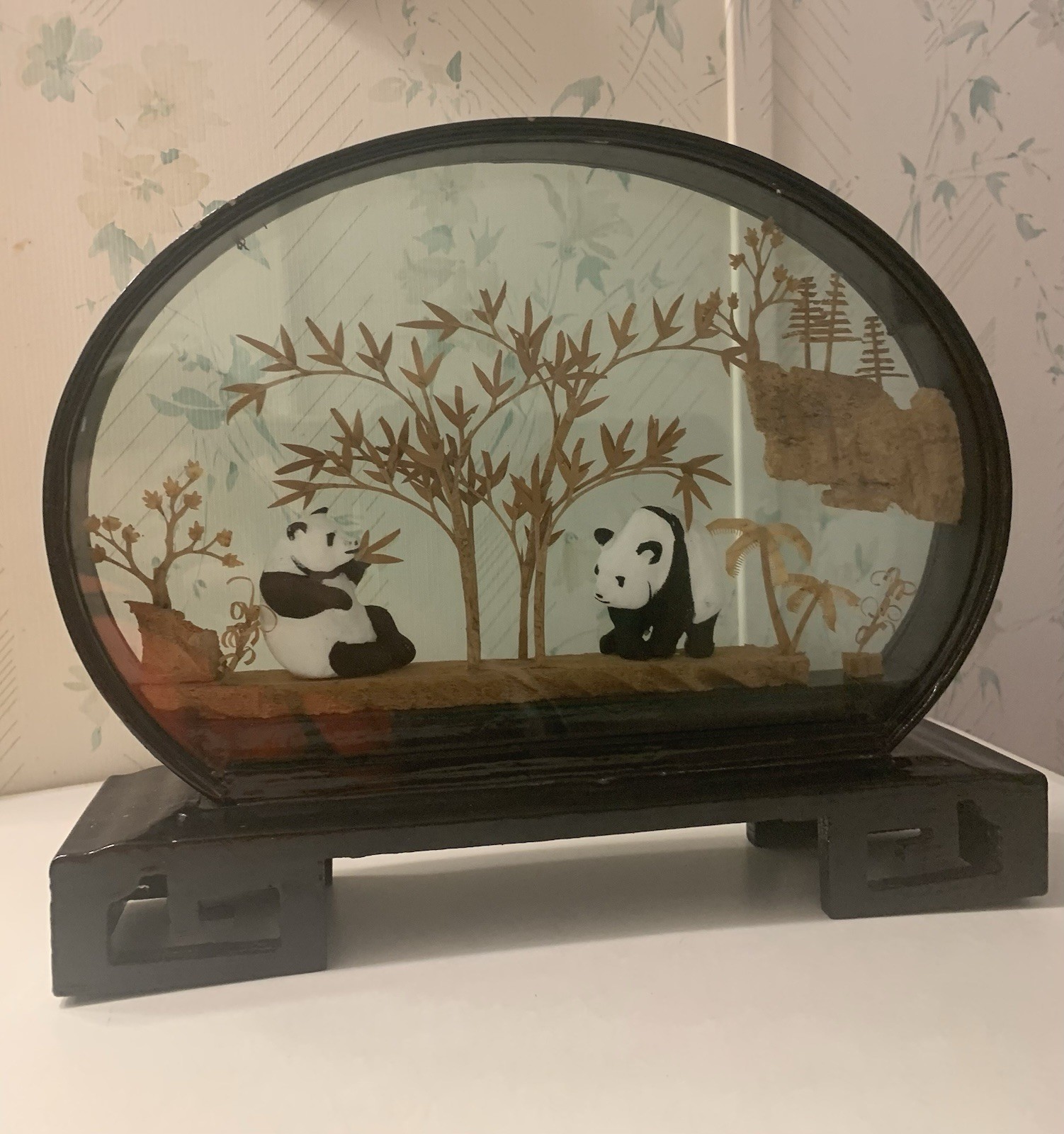 Panda Bear Vintage Collectible San You cork carve Art 3D Diorama in glass frame