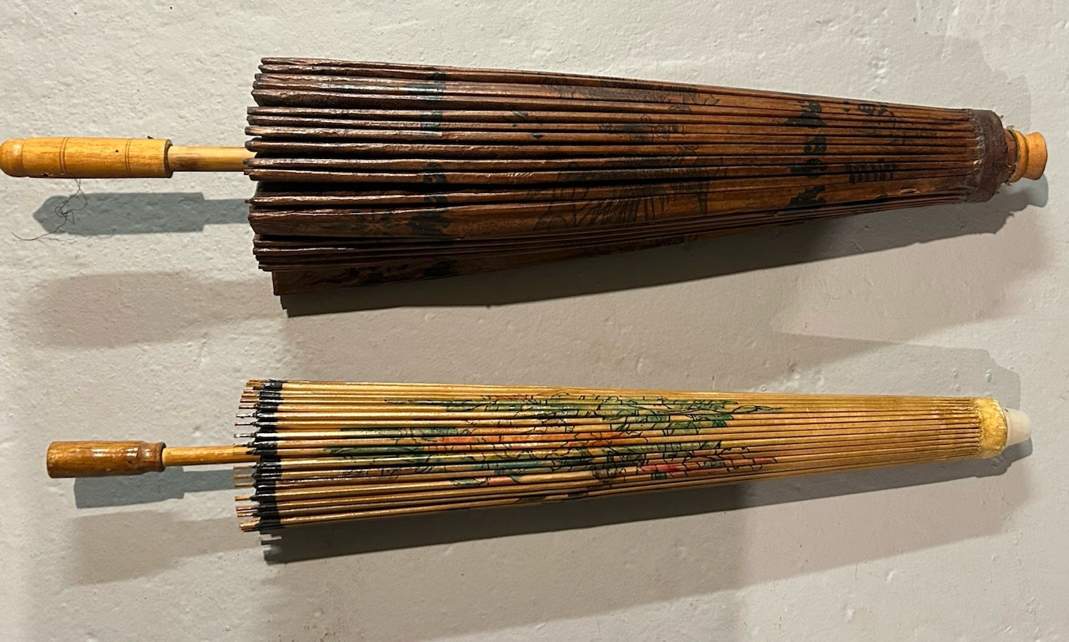 (2) Vintage Hand Painted Oriental Bamboo Rice Paper Umbrella Parasol Wood Handle