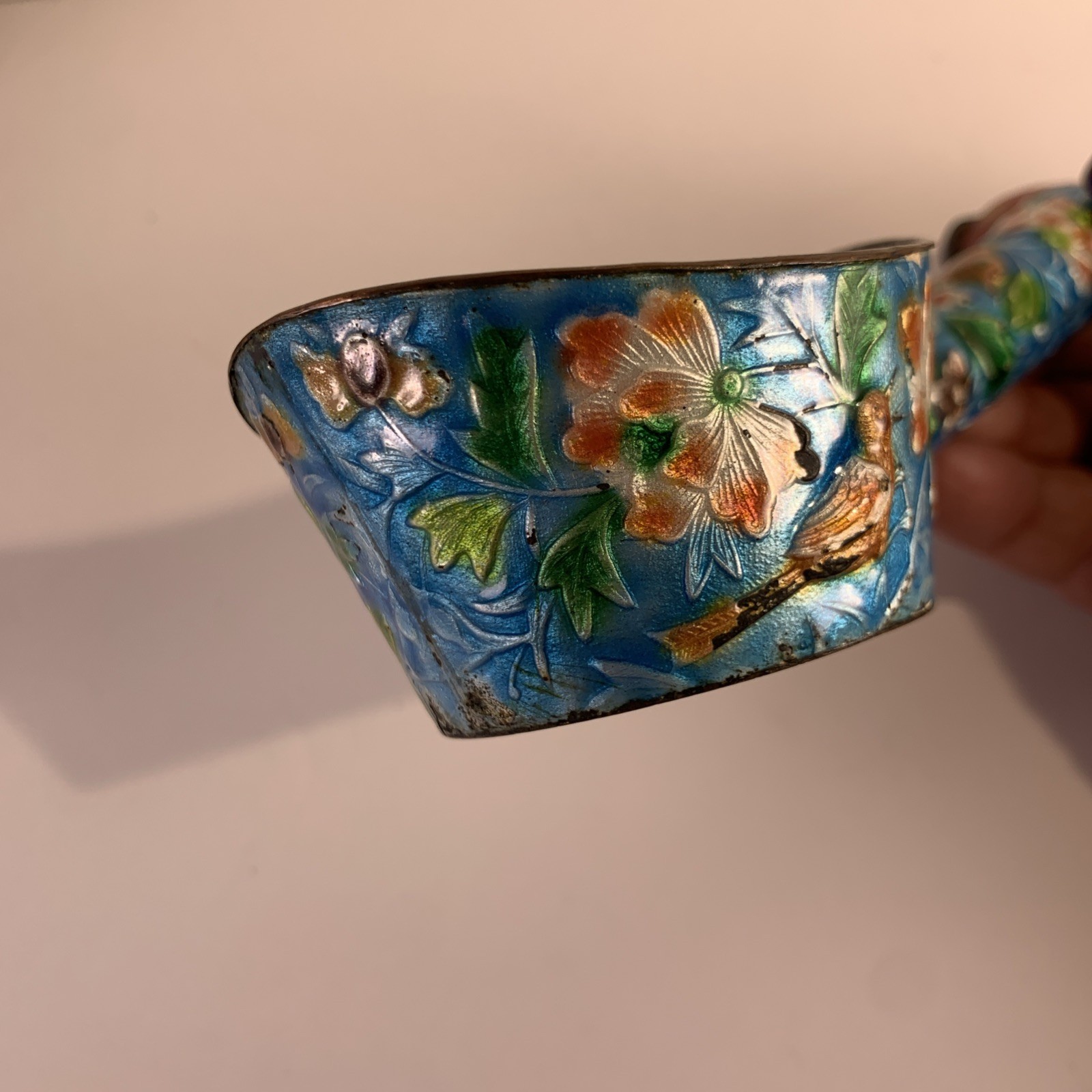 Antique Chinese Cloisonné Silk Iron Turquoise Bird Floral Dipper Scoop Qing Dyn