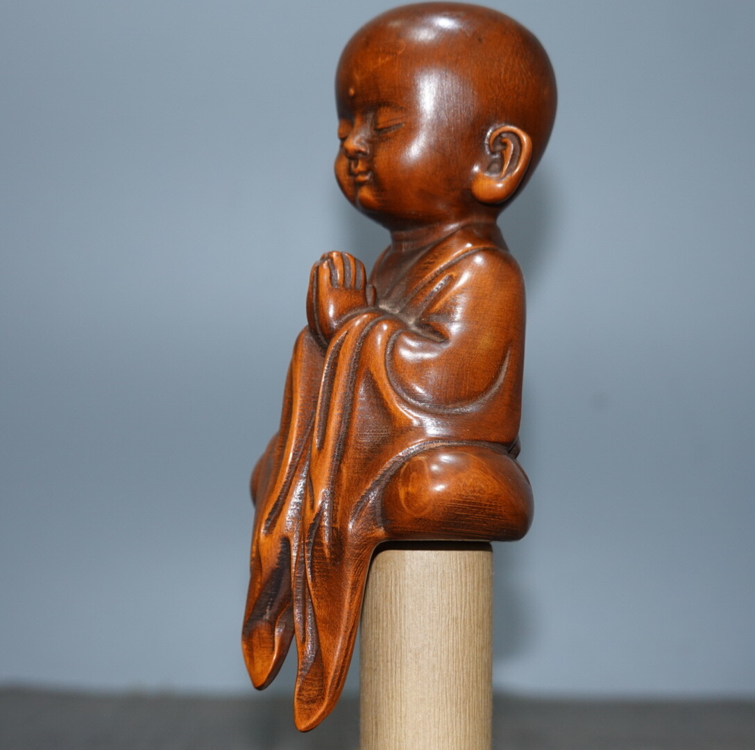 4.7″Collect China Box-wood Carving Small Little Monk Enlightenment Buddha Statue