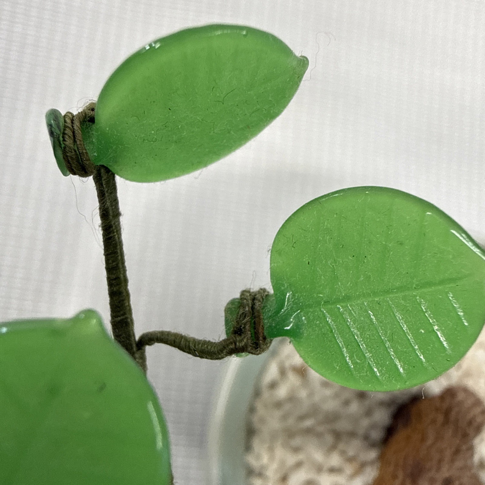 Vintage Chinese Bonsai Cherry Blossom Tree Green Jade-like Glass Leaves