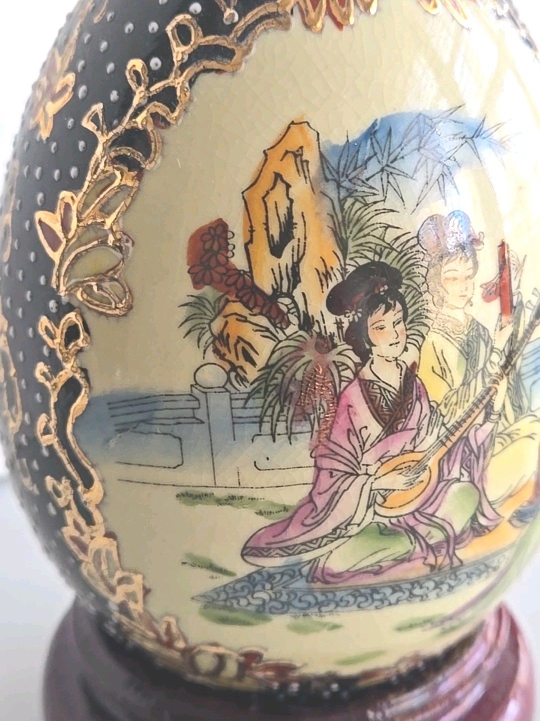 VTG Hand-Painted Oriental Porcelain Egg 4.5″ Mythological Design + Stand