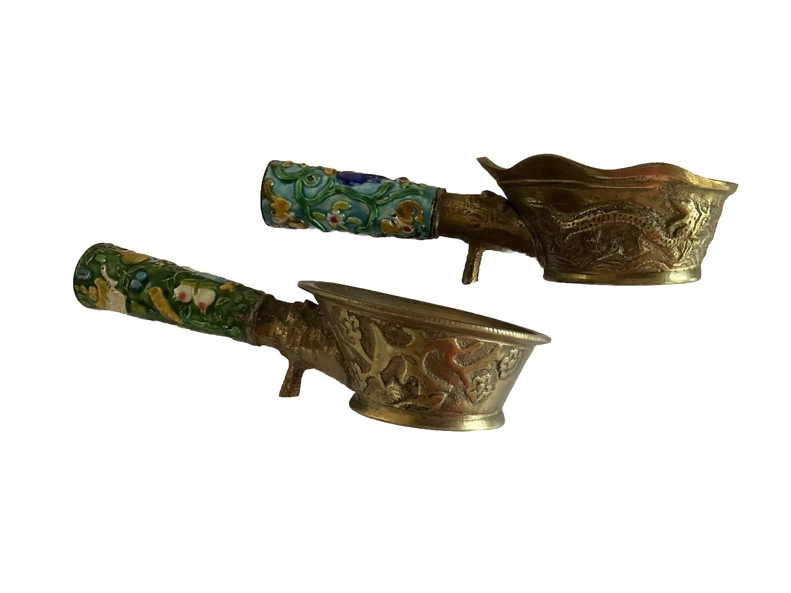 2 Different Vintage Cast Brass & Enamel Chinese Silk Iron Irons