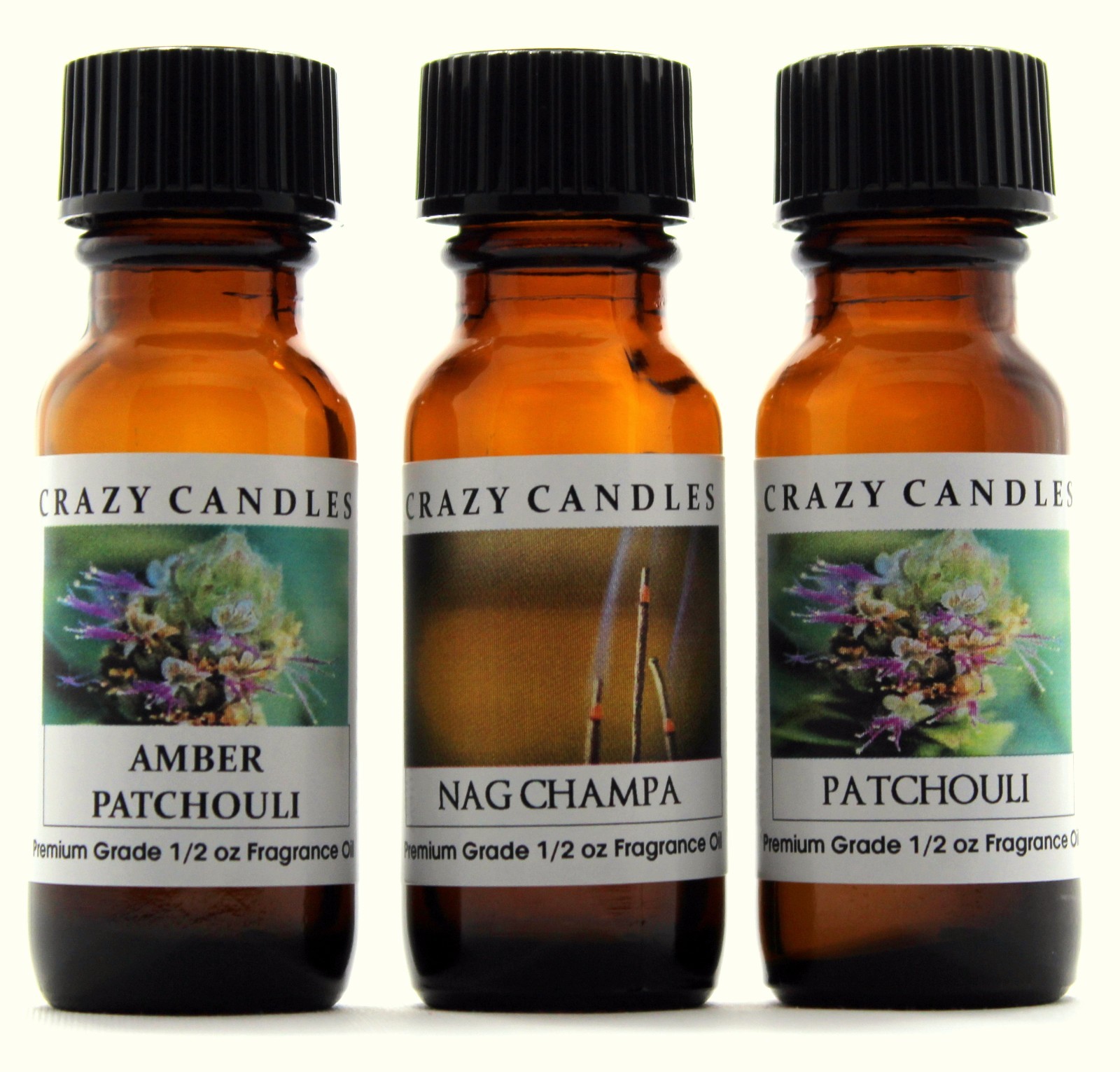 3 Oil Set Amber Patchouli, Nag Champa, Patchouli 1/2oz Premium Crazy Candles