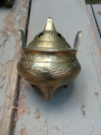 Vintage Marked Chinese Brass Footed Incense Burner Holder Tri pod pot lidded
