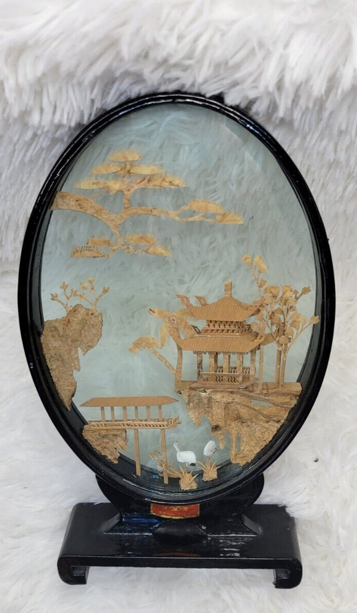 Diorama Vintage Chinese Cork Wood Oval Glass Original Sticker Cranes Pagoda