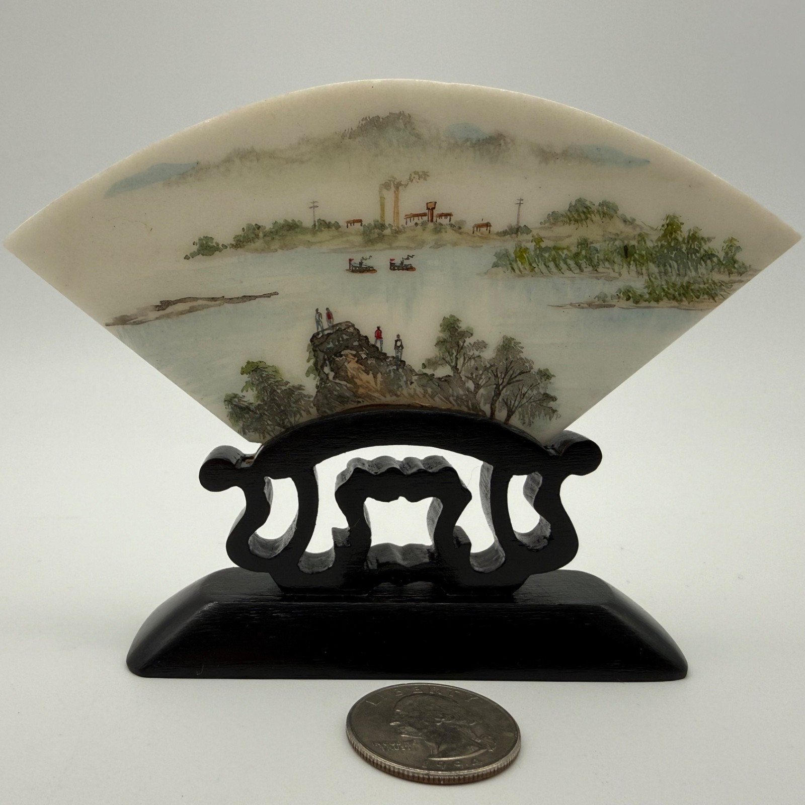 Vintage Chinese Hand Painted Marble Plaque Fan Shaped Landscape Wood Stand