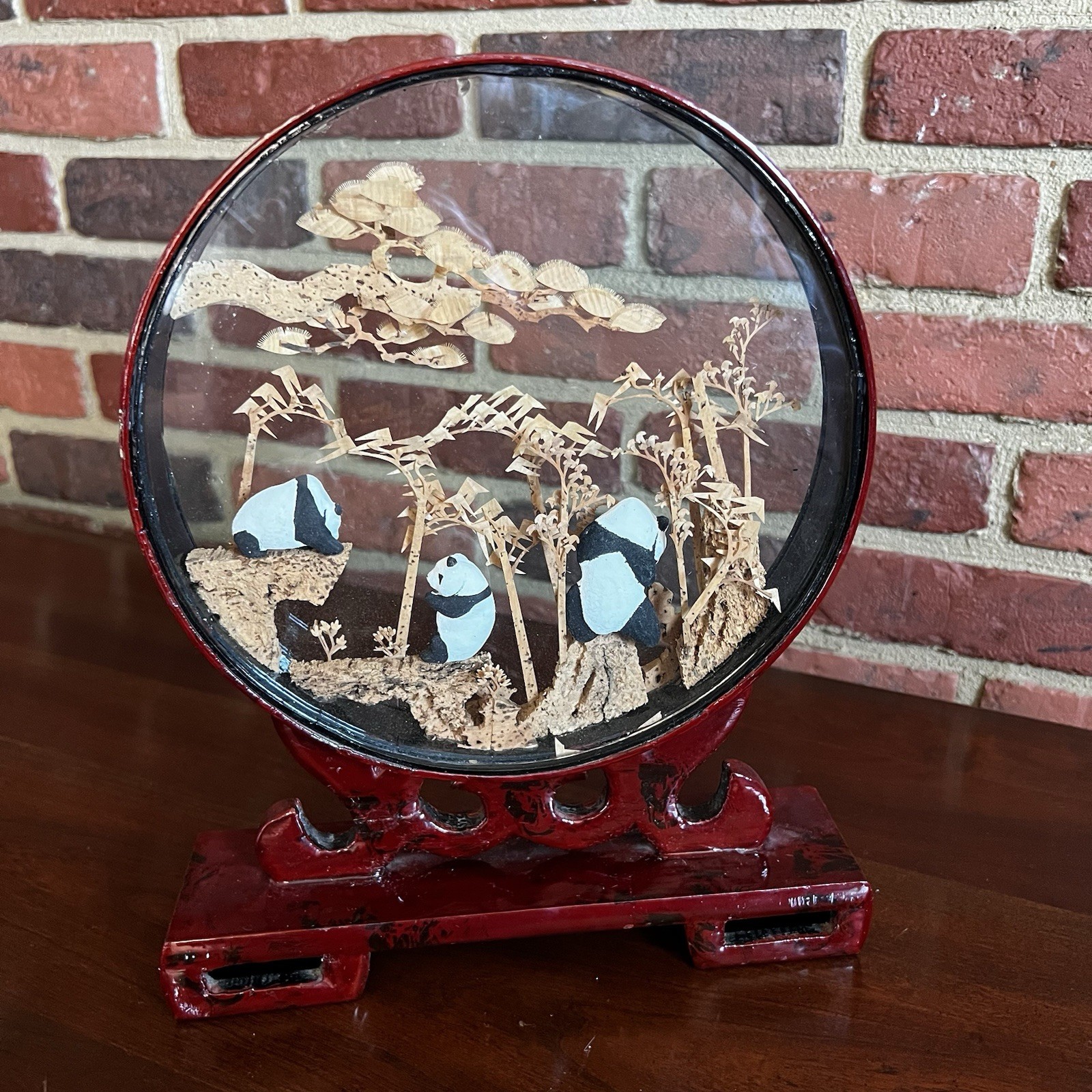 Vintage Carved Corkwood Diorama Pandas Chinese 12”x9.5” Frame Stand Panda Bears