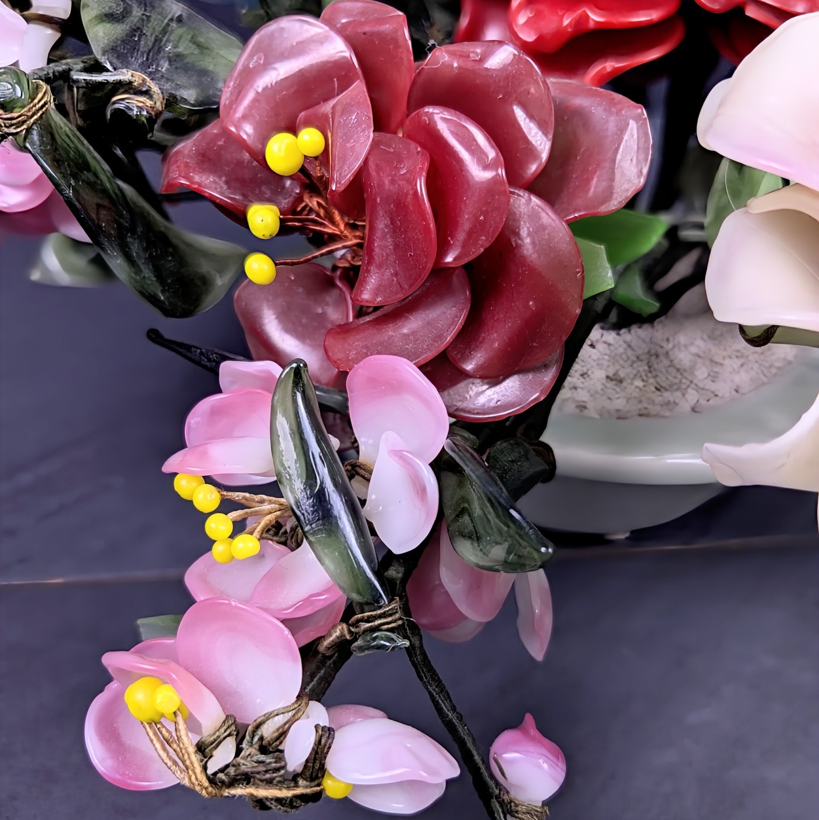 Vintage Jade Style Glass Flower Arrangement Asian Bonsai Planter Pink Red Purple