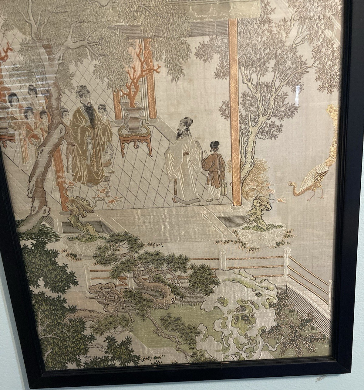 Chinese Silk Embroidery Framed Art “Golden Valley Garden” VTG 17 1/2 x 37 1/2