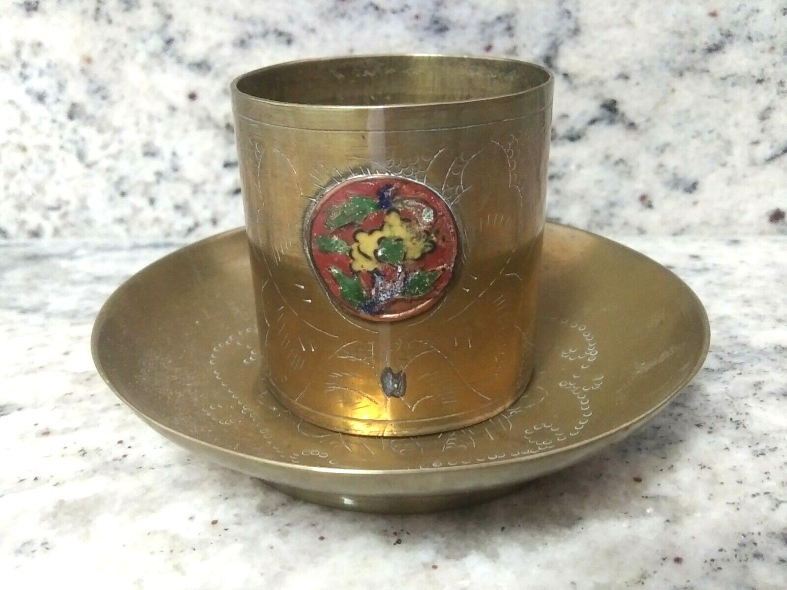 CHINA BRASS INCENSE SAKE TRINKET CUP SAUCER TRAY COPPER ENAMEL CLOISONNE ETCHED