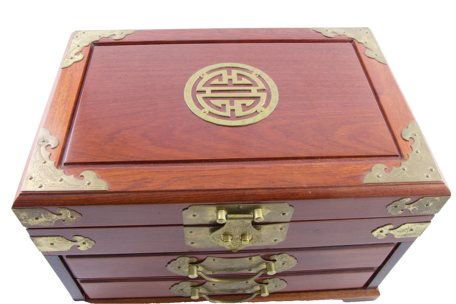 Large Chinese Rosewood & Brass 2 Drawer Flip Top Jewelry Box Longevity Symbol