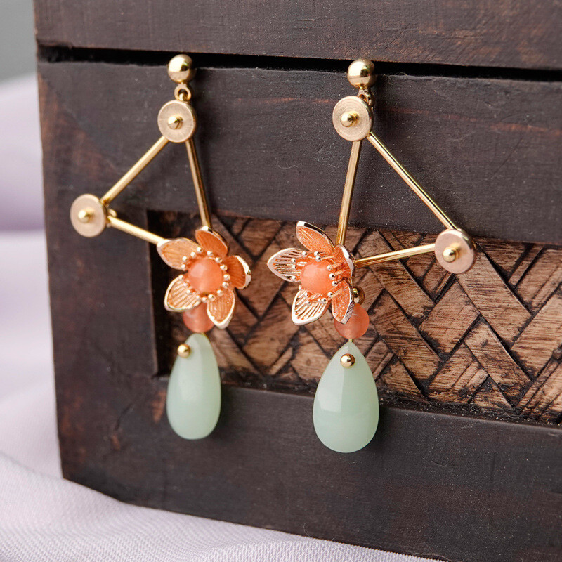 Chinese Colour Stone/Coloured Glaze/Gild Tibetan Style Vogue Earbob Earrings