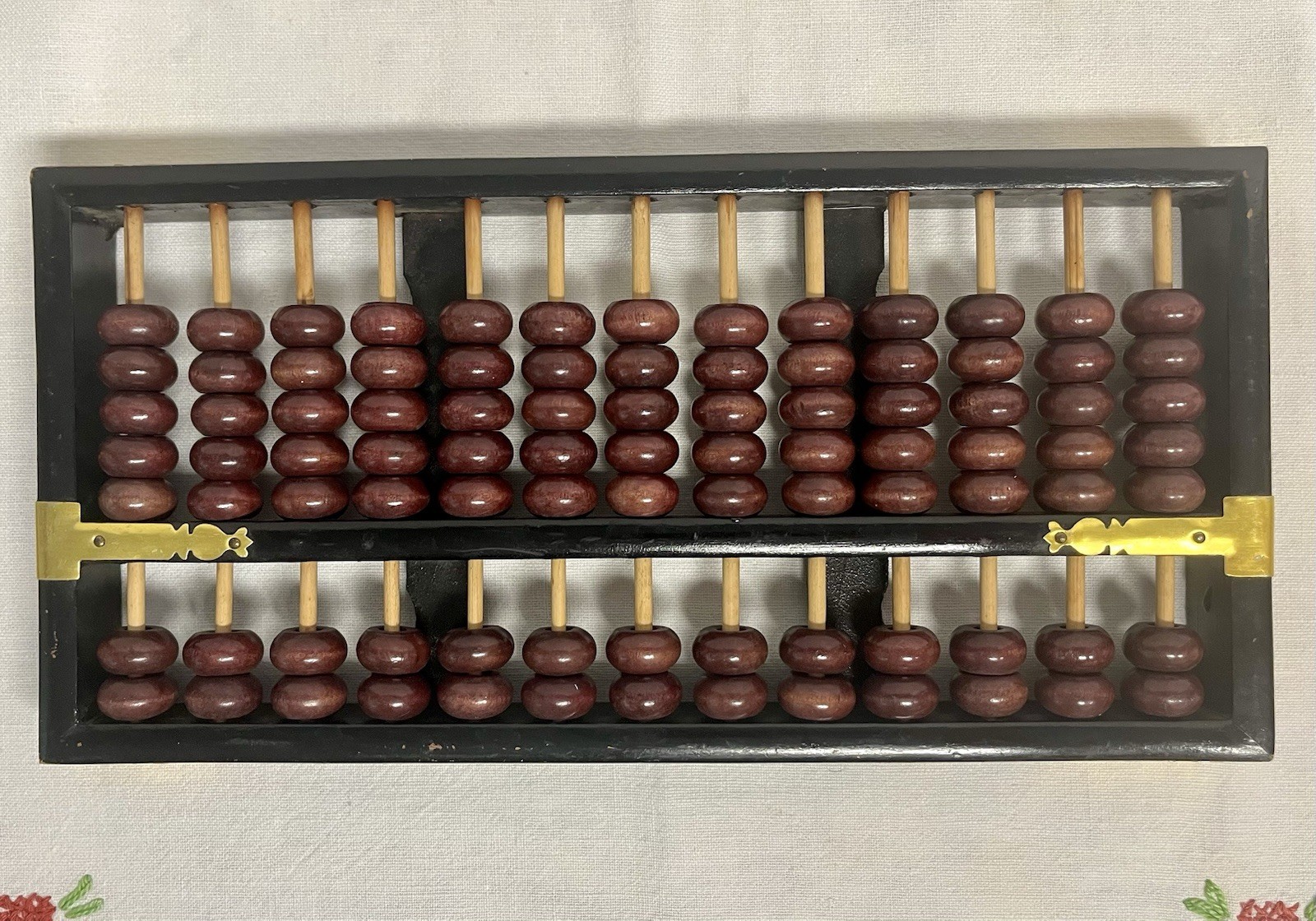 Vintage Chinese abacus black wooden frame brown beads brass reinforcements