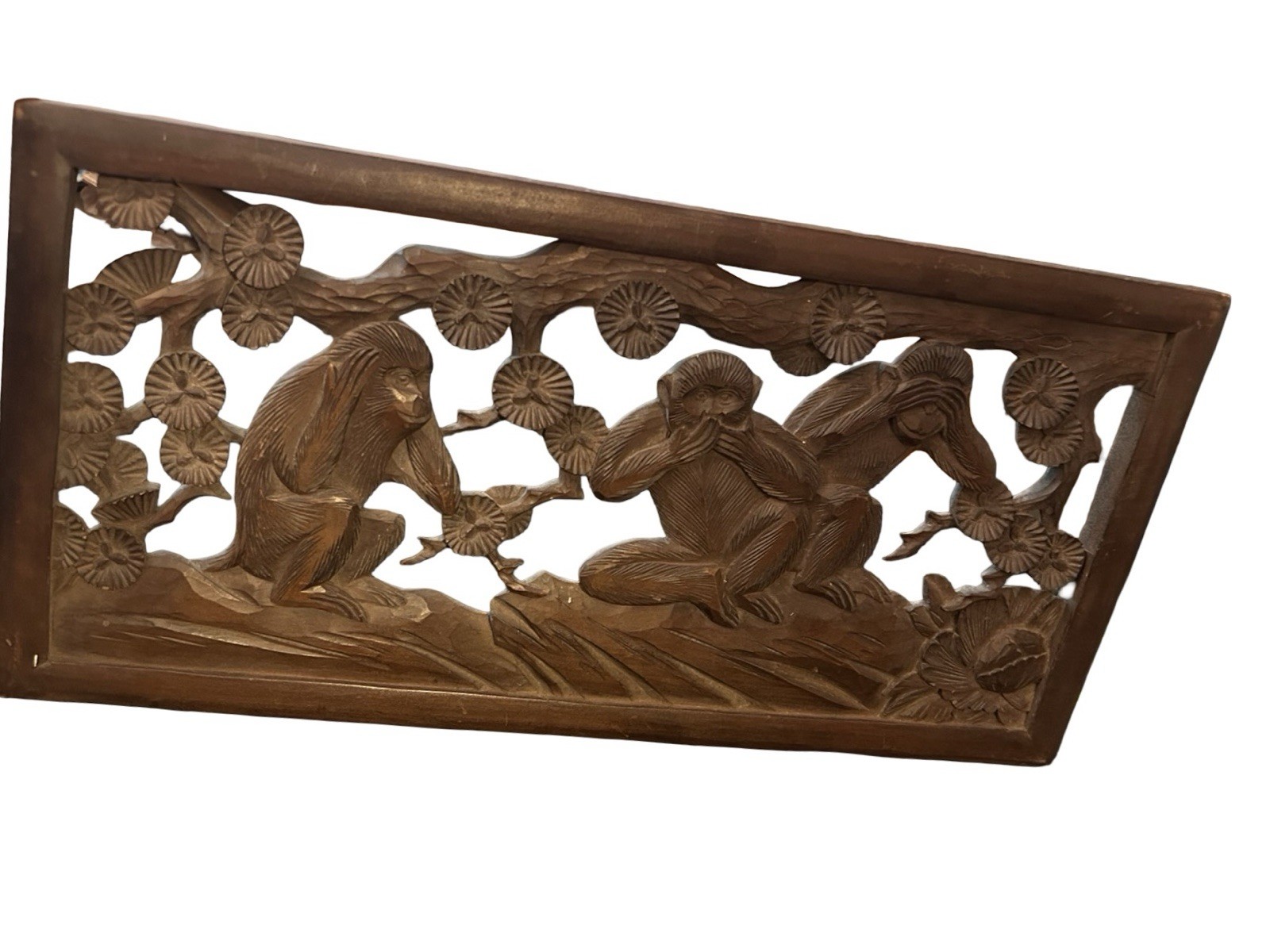 VTG Chinese Hand Carved Relief Wood Panel Three Wise Monkeys 19×9 Brown