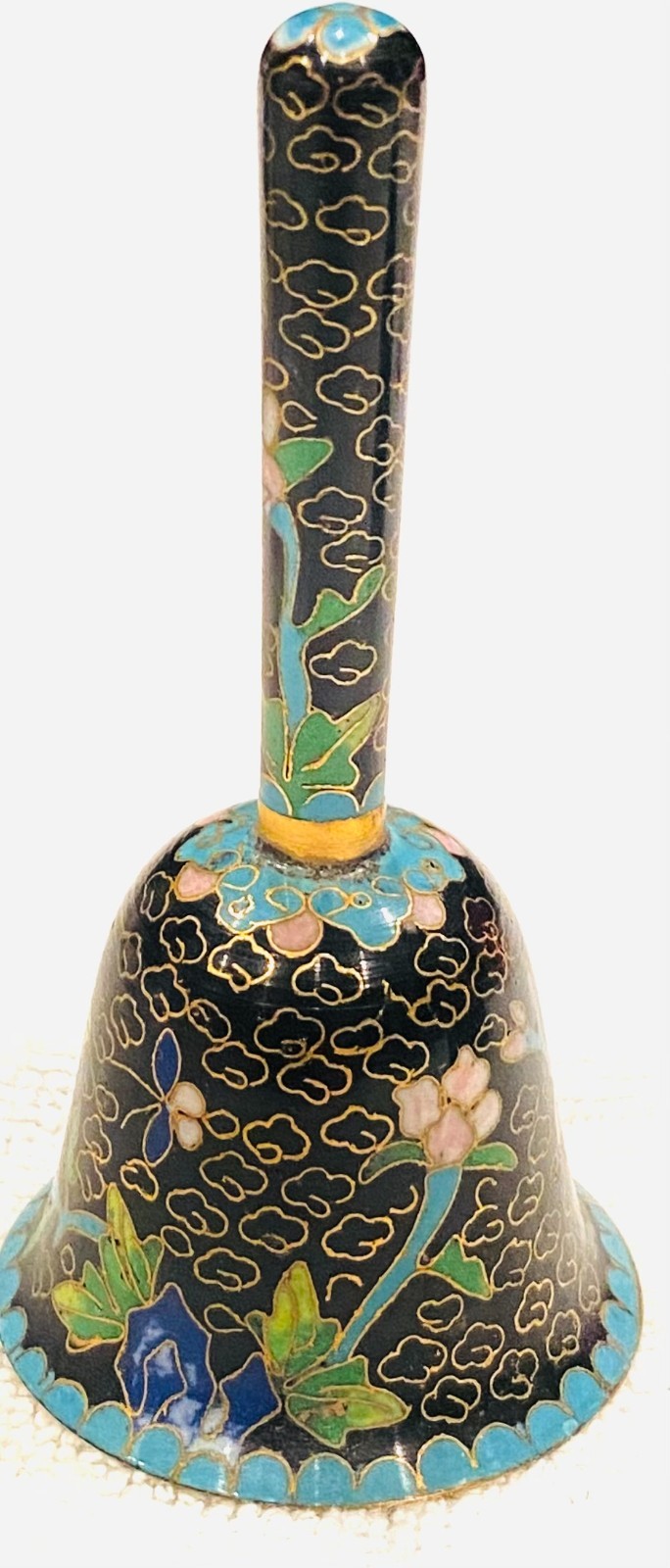 VINTAGE CHINESE CLOISONNE BRASS BELL BLACK BLUE FLORAL WITH GOLD TRIM