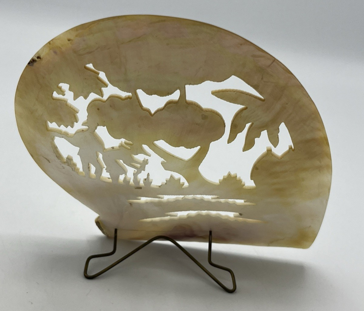 Carved Mother of Pearl Shell Asian Scene with Stand 6″ Tall