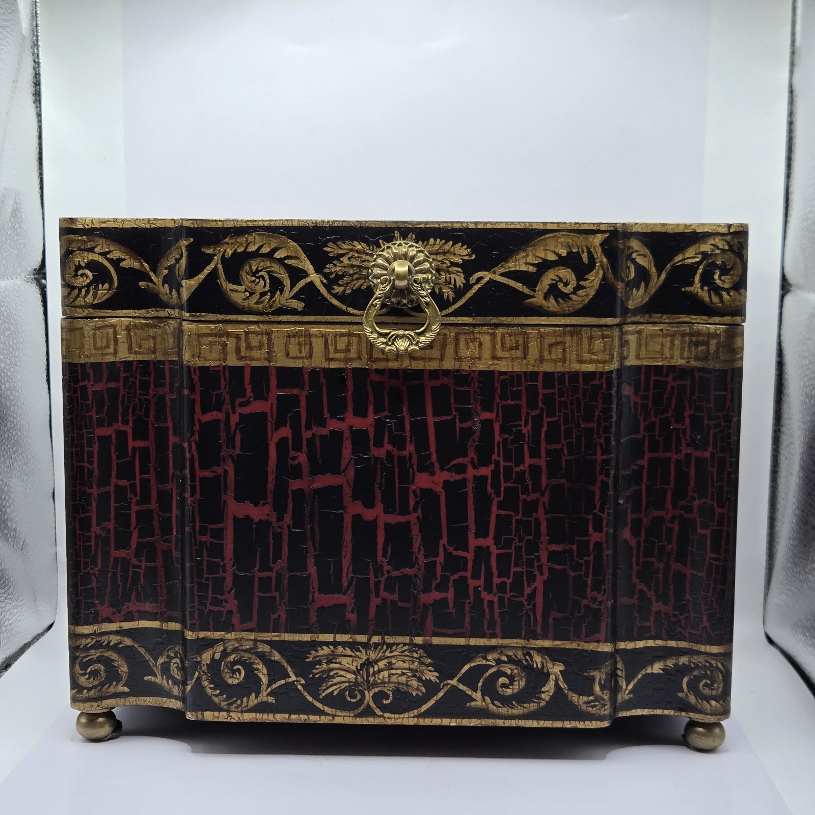 Vintage Large Asian Wood Pagoda Top Jewelry Box Storage, Brass Feet. 11×8×8.5″