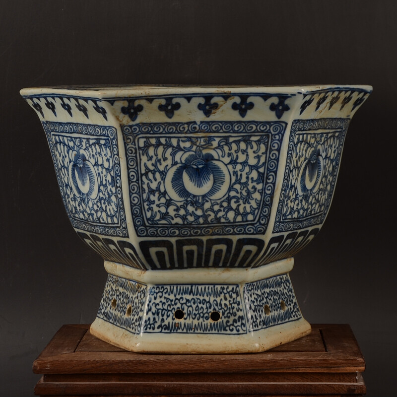 8.8″ Collect China Blue White Porcelain Lotus Flower Grain Hexagon Flower Pot