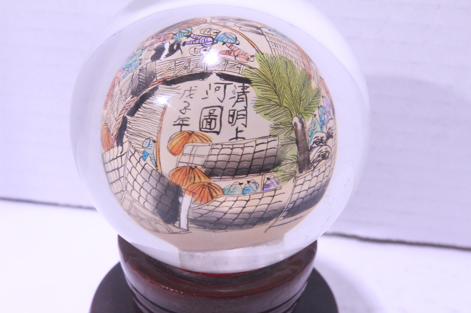 Qingming Festival River Map Reverse Hand Painted Glass Ball W Stand Paperweight