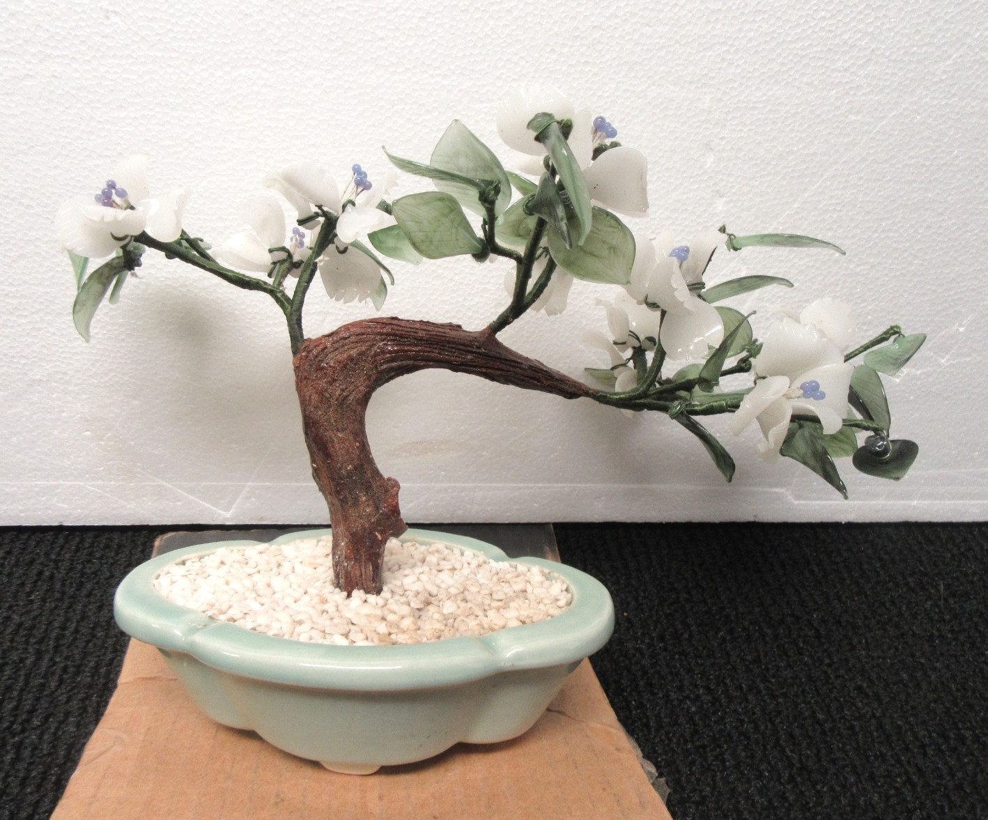 Vintage Chinese Jade Glass Bonsai Tree 12″ Wide x 8″ Tall White/Blue Flowers#CBC