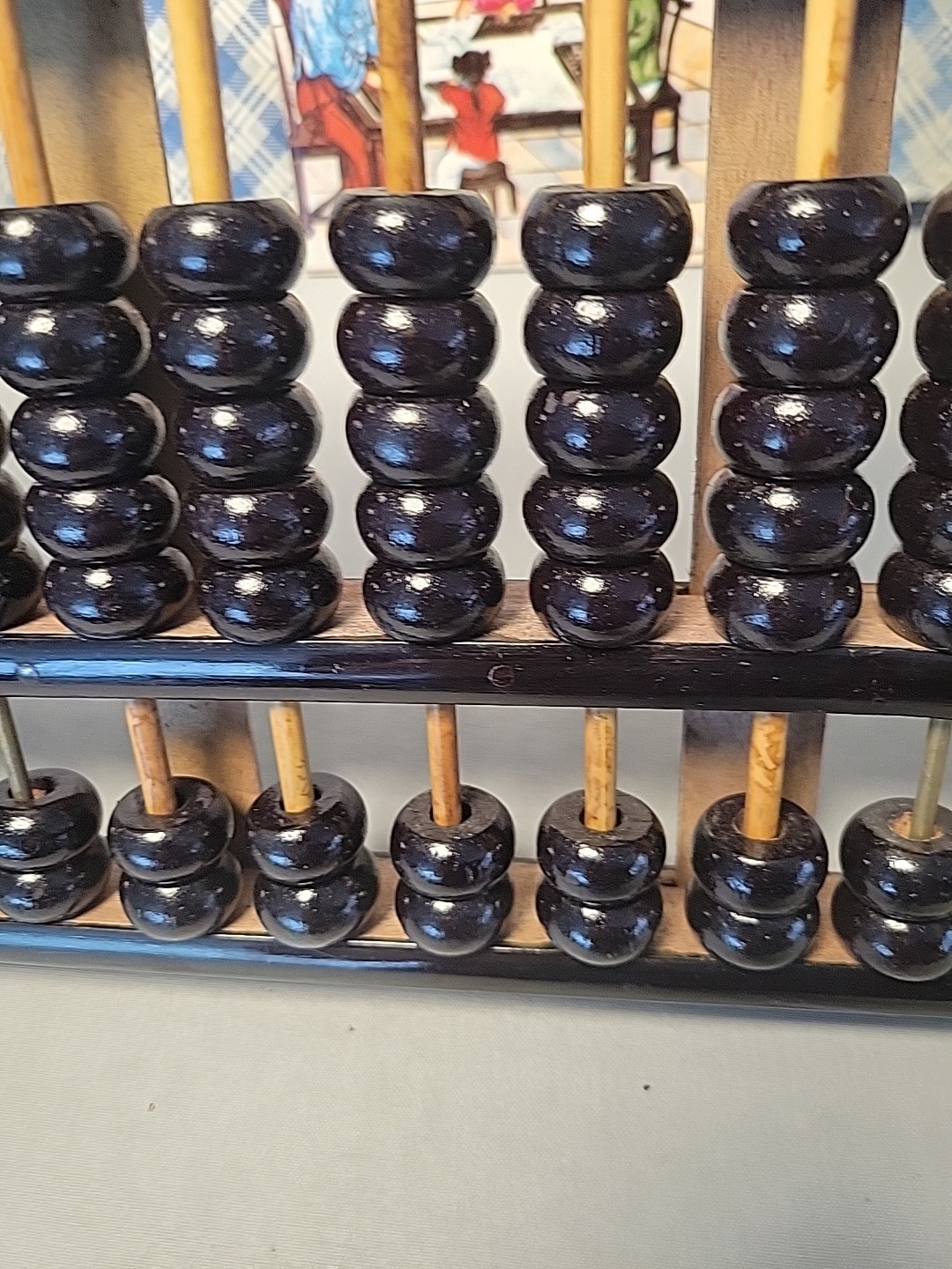 Vintage Chinese Abacus Wood & Brass Lotus Flower Brand Calculator 11 Row 77 Bead