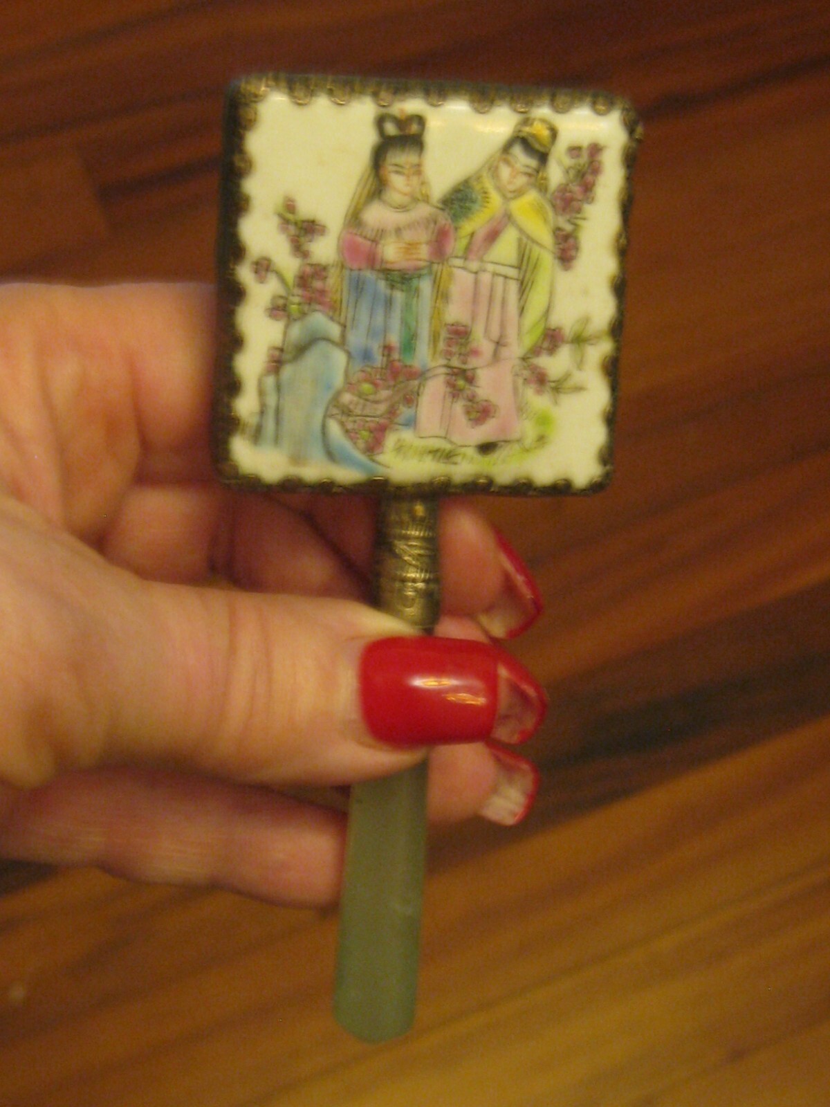 Vintage Small Asian Oriental Motif with Faux Green Jade Handle Mirror